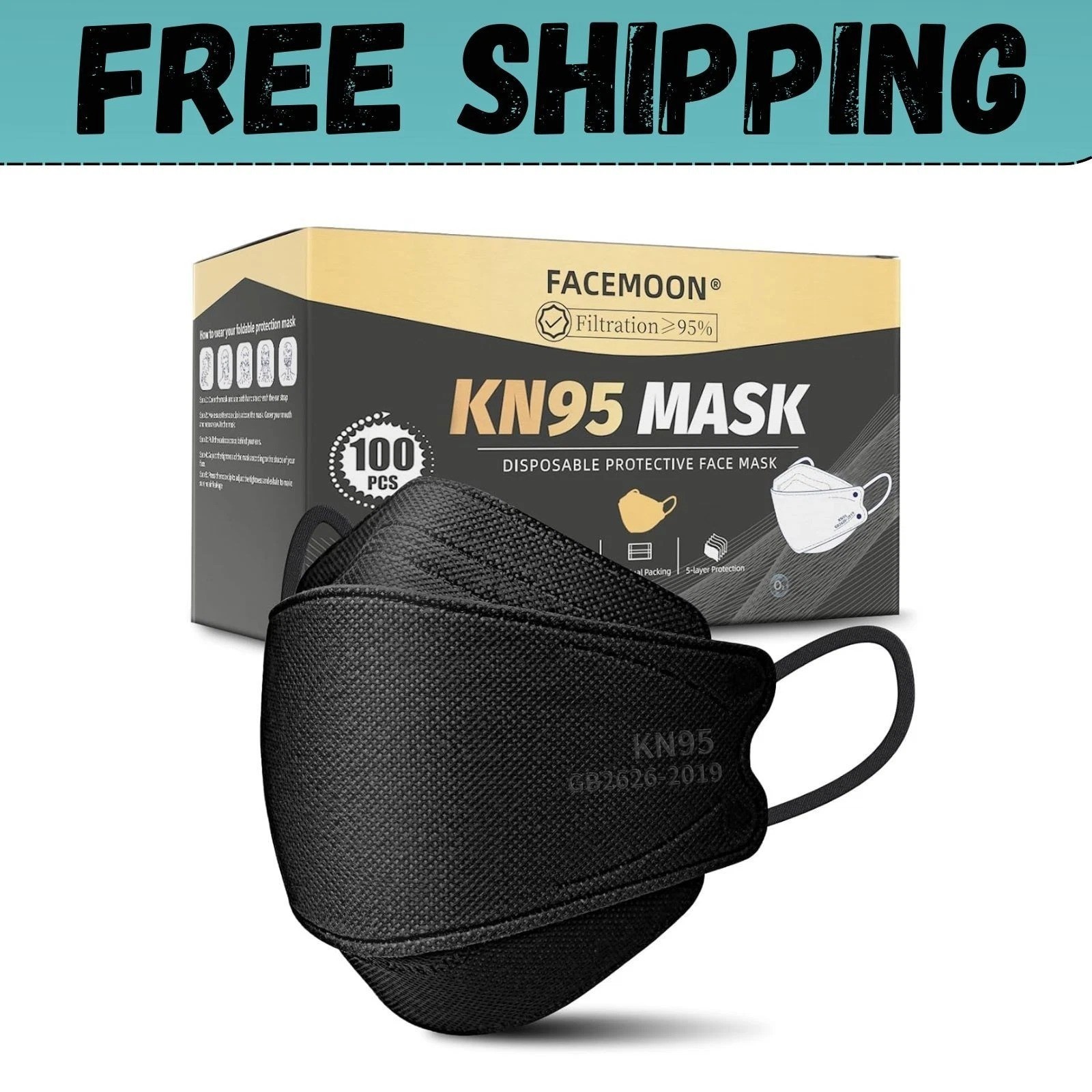 KN95 Face Mask Disposable Adults – 100 Pack 5 Layer Protection Adjustable KN95