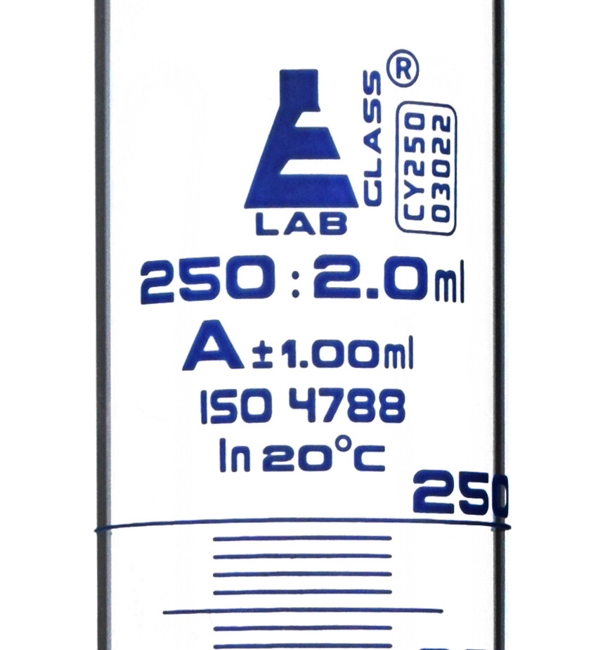 Eisco Labs 250ml Graduated Cylinder, Class A – Blue Graduations, Round Base
