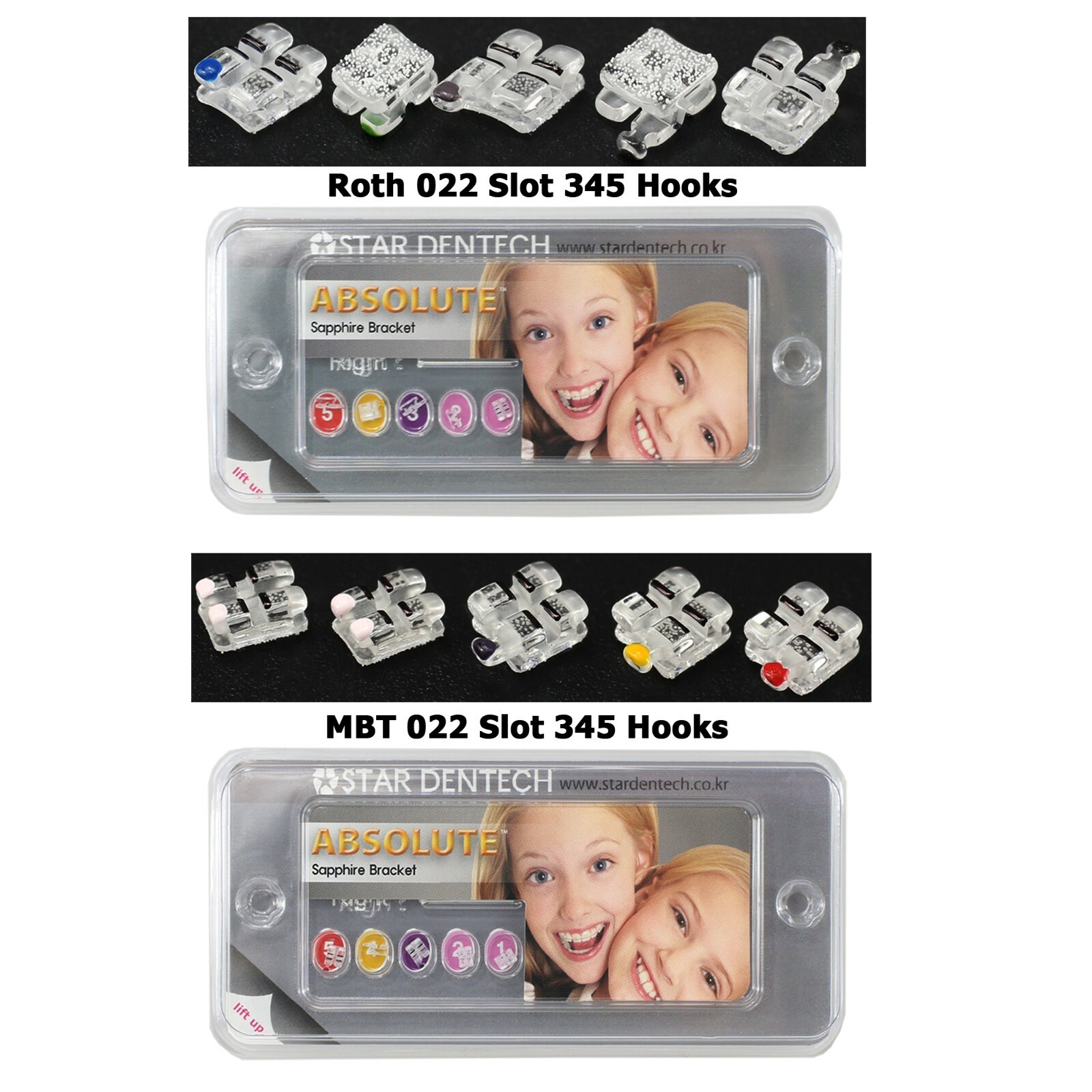 Dental Orthodontic Sapphire Crystal Bracket Braces Roth MBT 022 345 Hooks 5-5