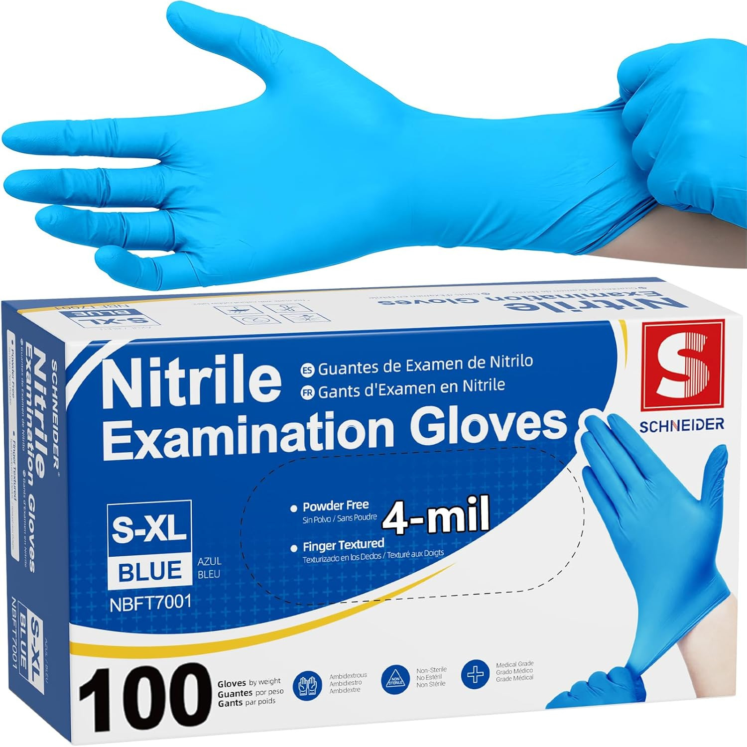 Schneider Medical Nitrile Exam Gloves, 4 Mil, Powder-Free, Latex-Free, Disposabl