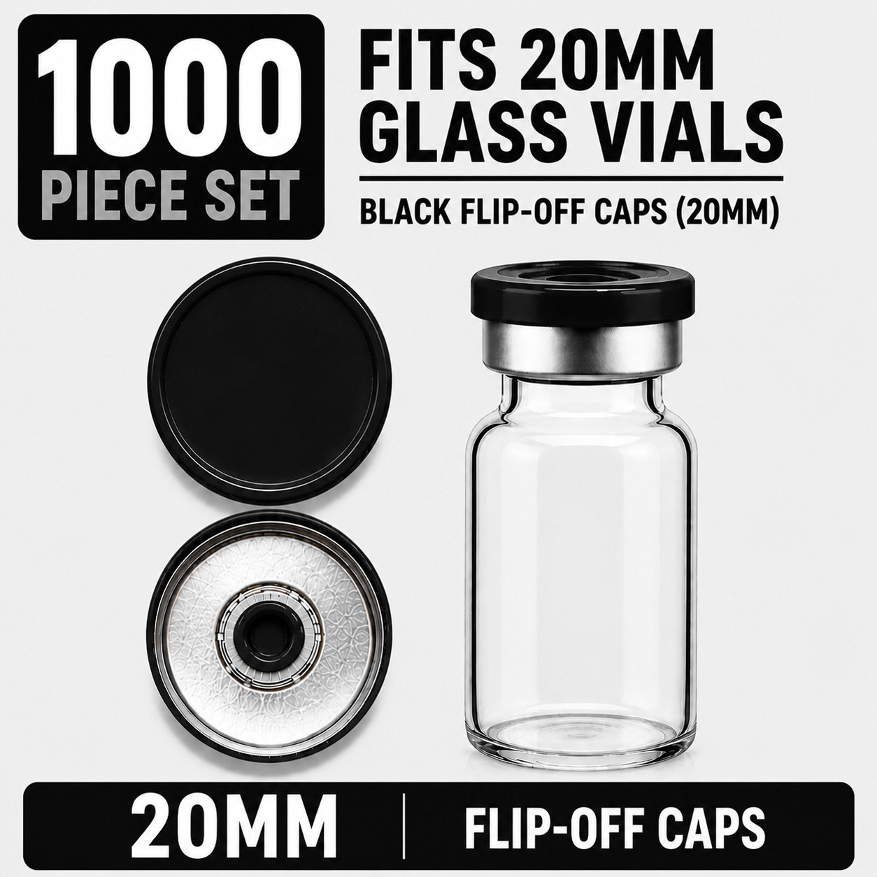 20mm Aluminum Shiny Flip Off Serum Vial Seals + Rubber plugs 1000