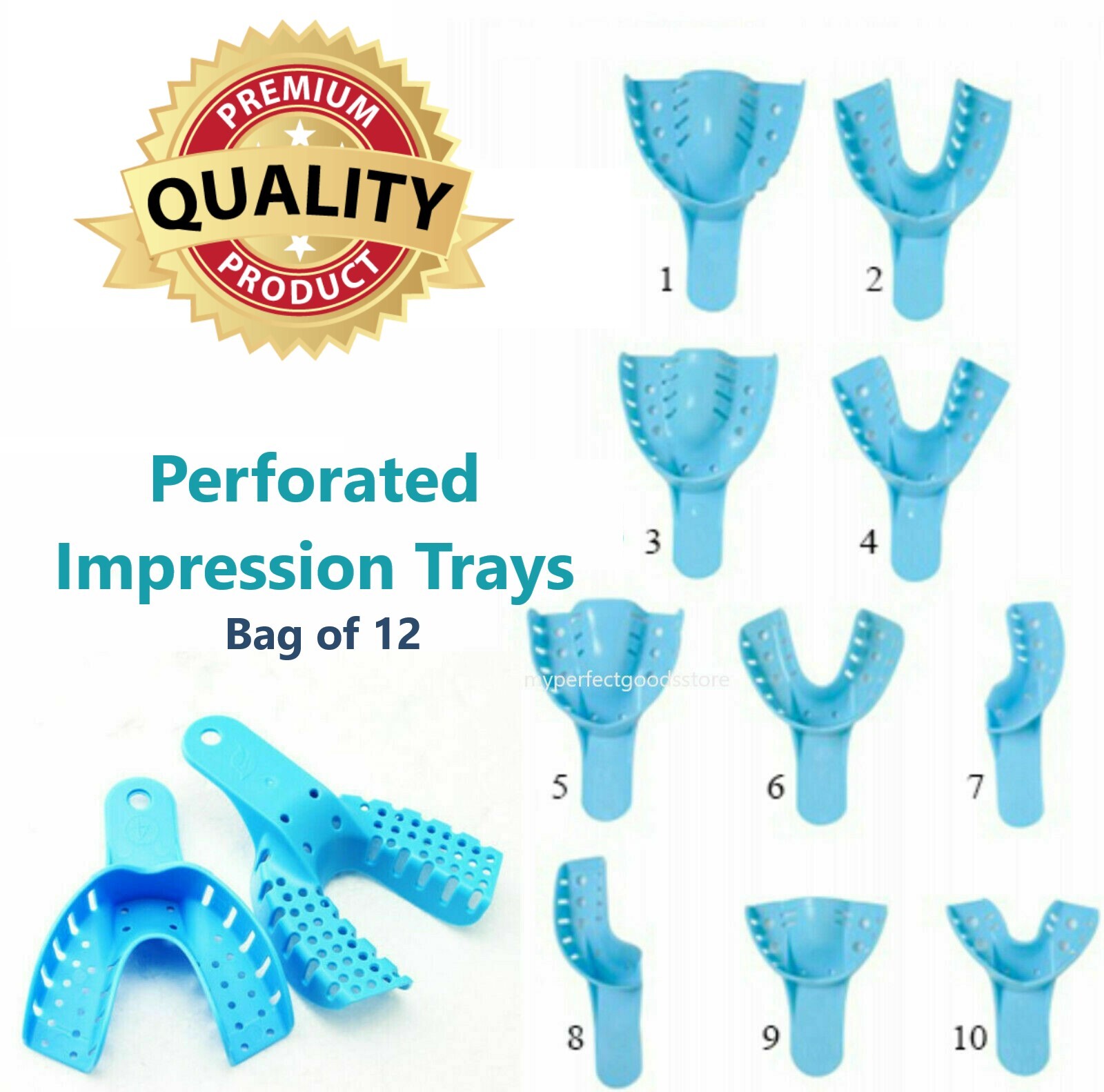 Dental Perforated Plastic Impression Trays XL, L, M, S, Upper /Lower, 12/Bag