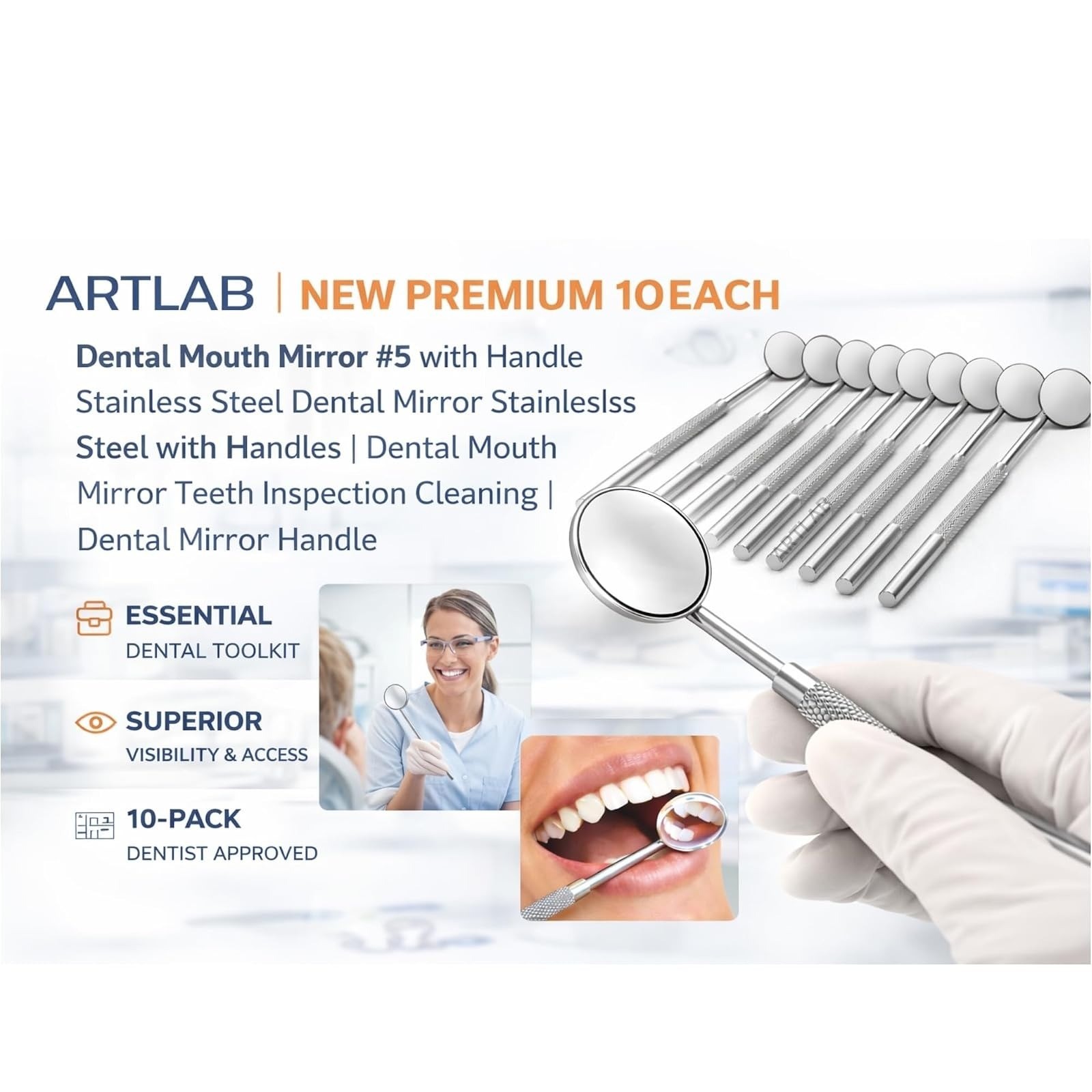 Premium Dental Mouth Mirror #5 with Handle Stainless Steel – 10 Pack