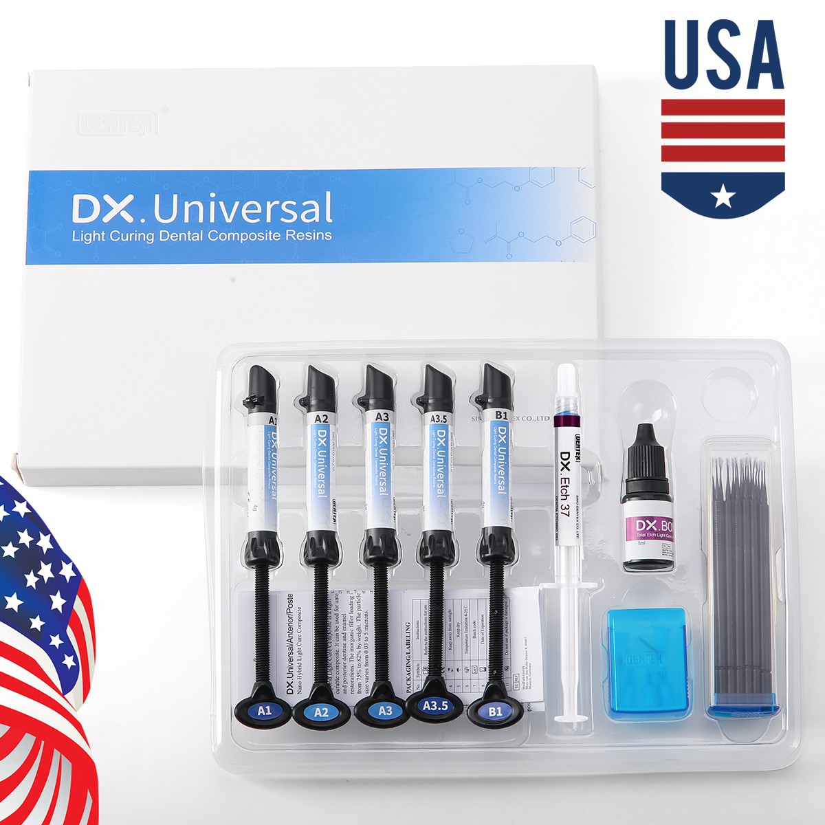 Dental Light Cure omposite Kit 5 Colors A1-A3.5 with Ethant & Bonding Agent
