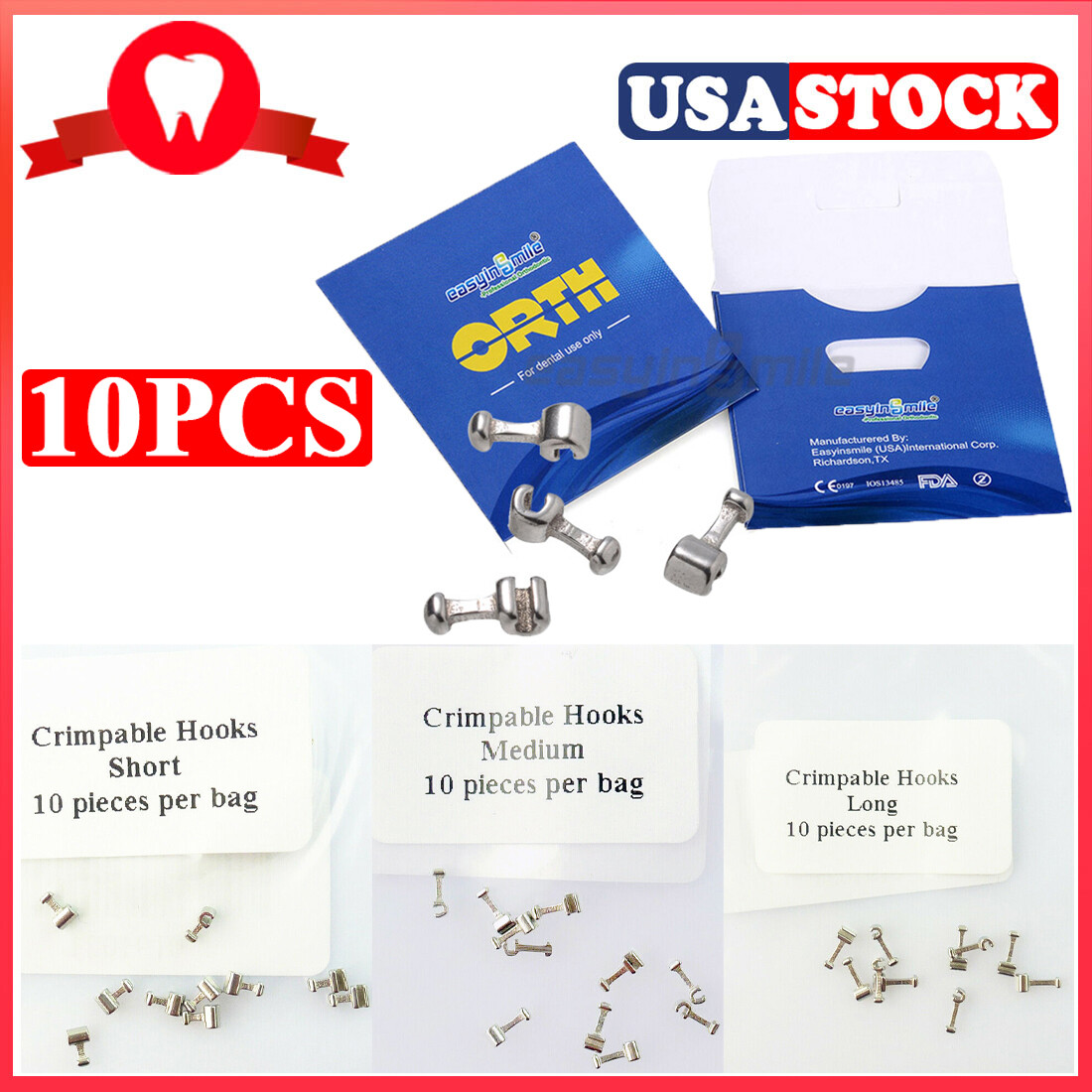 10Pcs Dental Orthodontic Crimpable Hooks Stainless Steel Hooks Short/Medium/Long