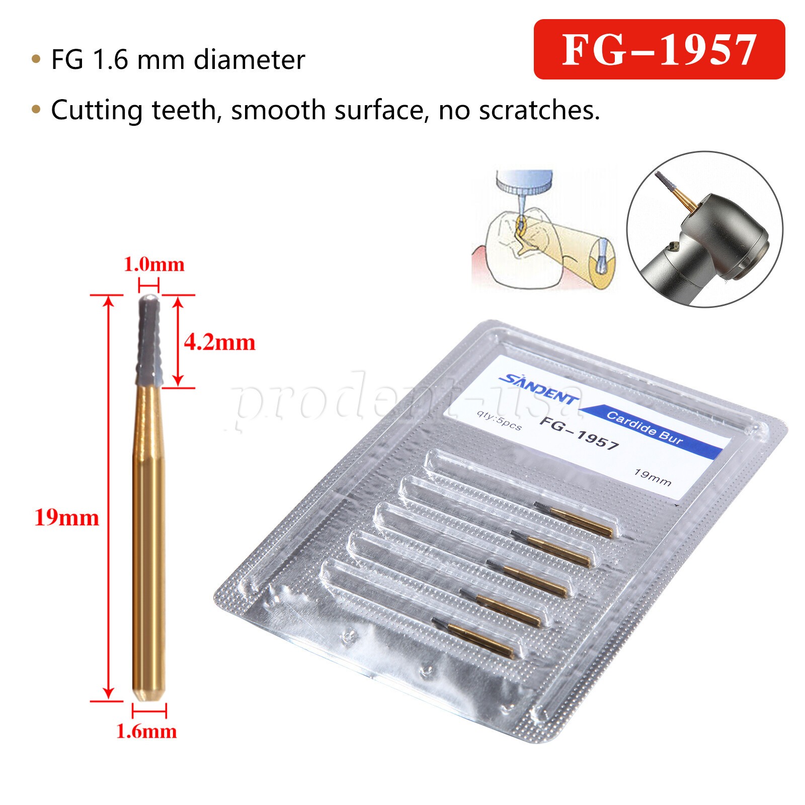 5pcs /pack High Speed Dental Tungsten Steel Crown Metal Cutting Burs FG-1957 po
