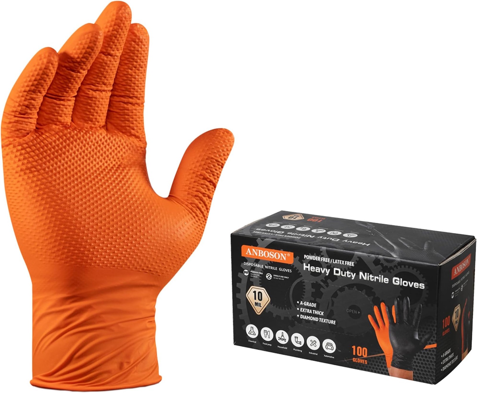 ANBOSON 10 Mil Diamond Textured Nitrile Gloves, Heavy Duty Disposable, Extra …