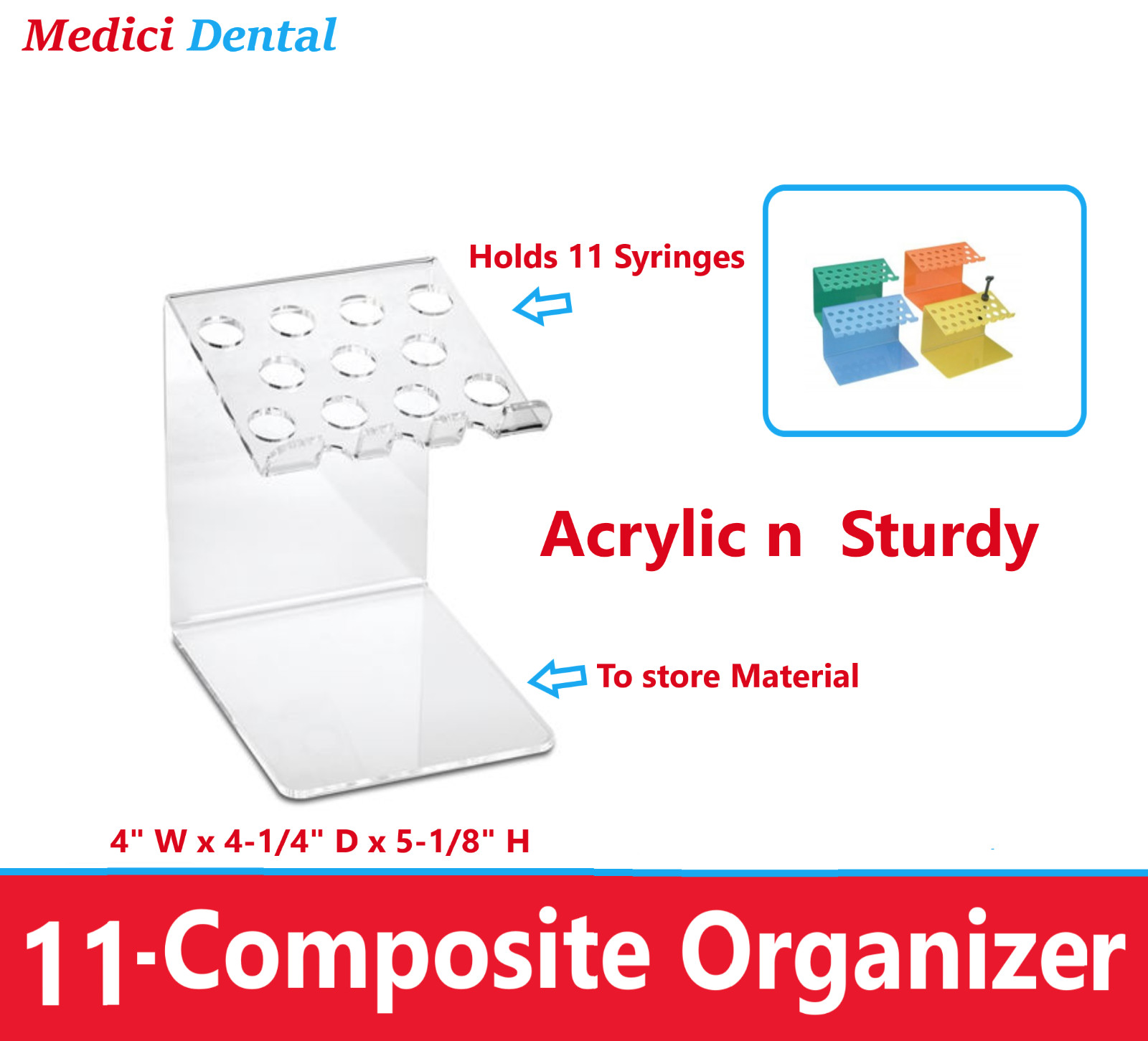 11 Hole Dental Acrylic Composite Material Organizer, Sturdy, Clear, Blue, Yellow
