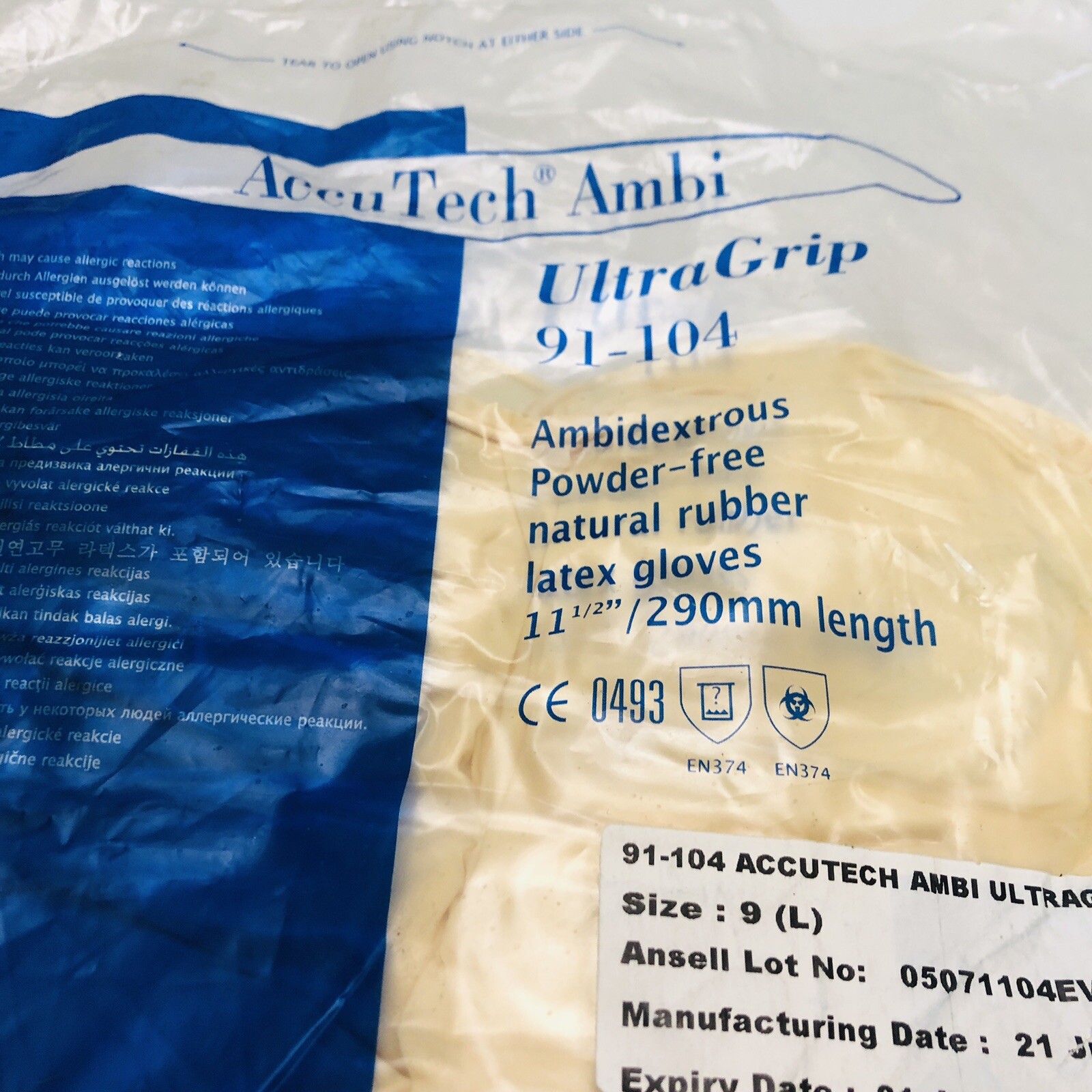 Ansell Ambidextrous Natural Rubber Latex Gloves Large UltraGrip 11.5″ Long