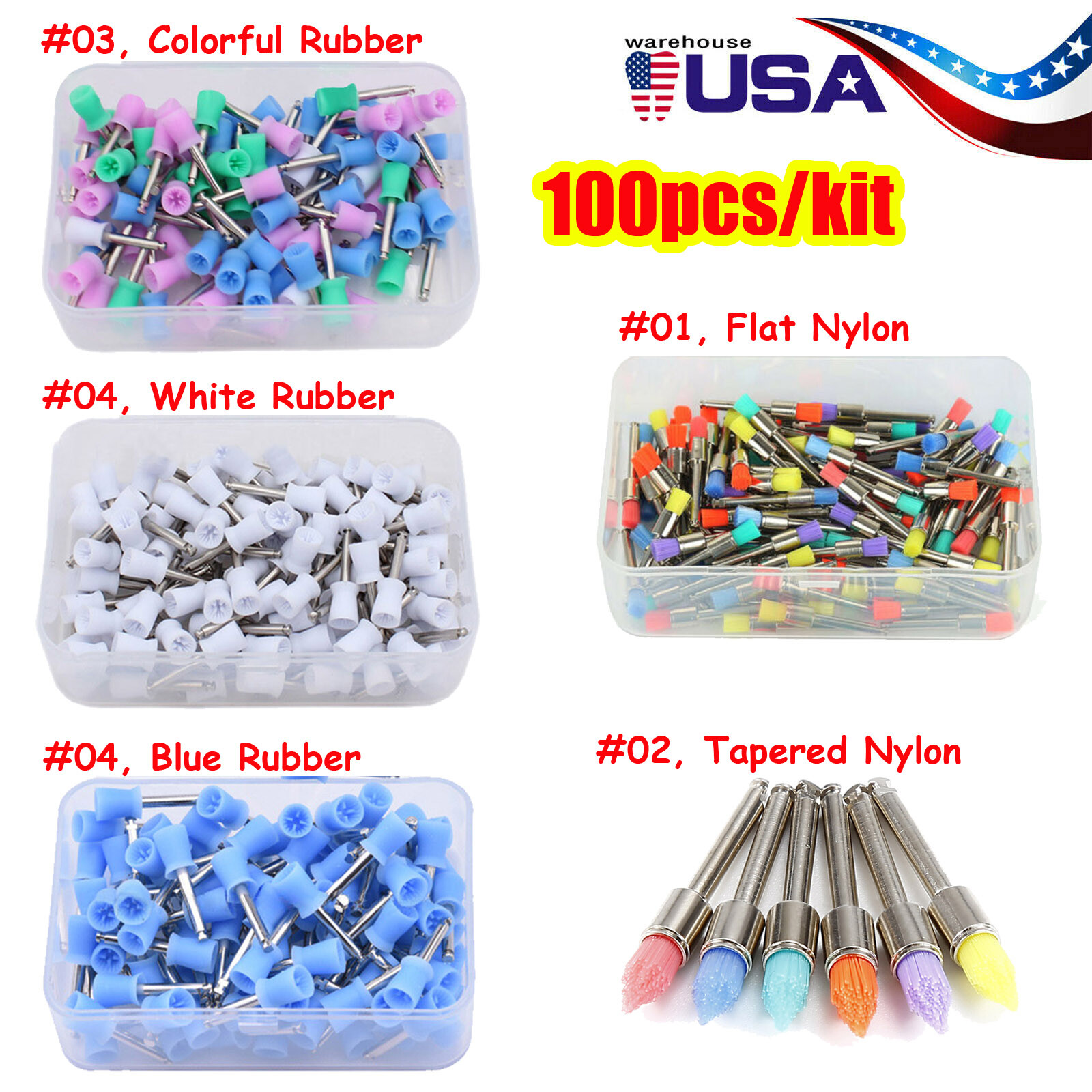 100pcs Dental Colorful Nylon Bowl Polishing Brushes Polisher Prophy Flat Type