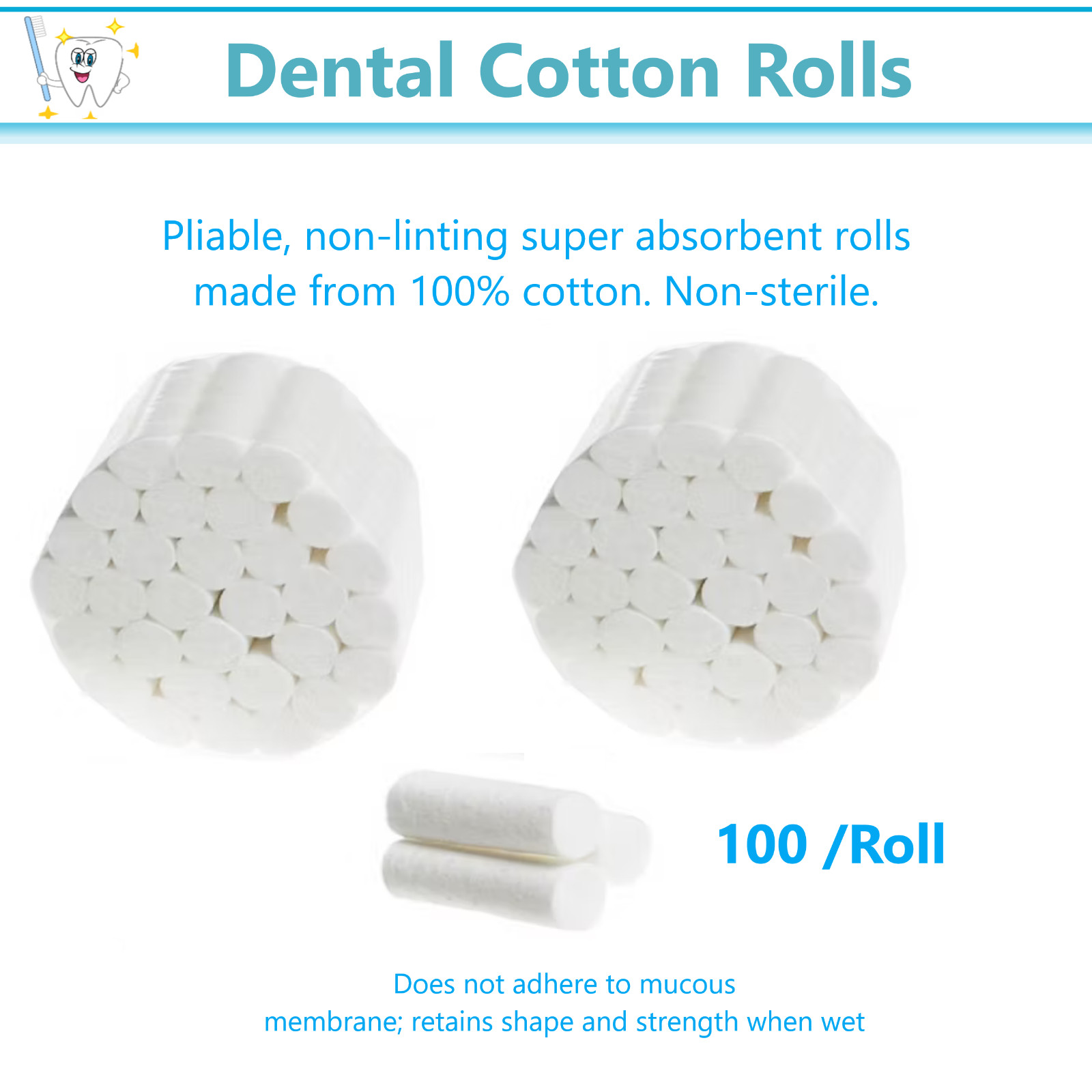 2000 x Dental Cotton Rolls Premium Quality Size #2 Medium Nonsterile, 3/8″ Roll