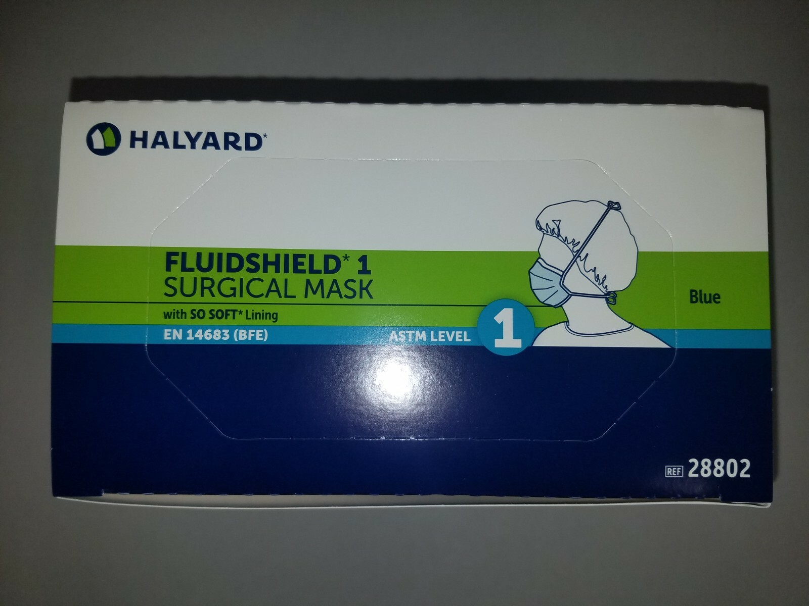 *50-Pieces* Halyard FluidShield ASTM Level 1 Surgical Face Mask Blue 28802