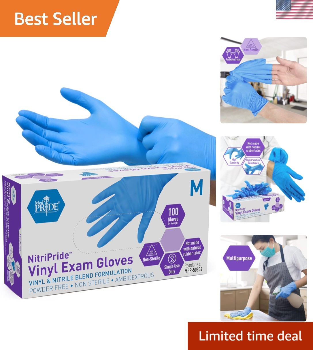 Ambidextrous Disposable Exam Gloves – 100 Count, Latex-Free, Medical & Food Safe