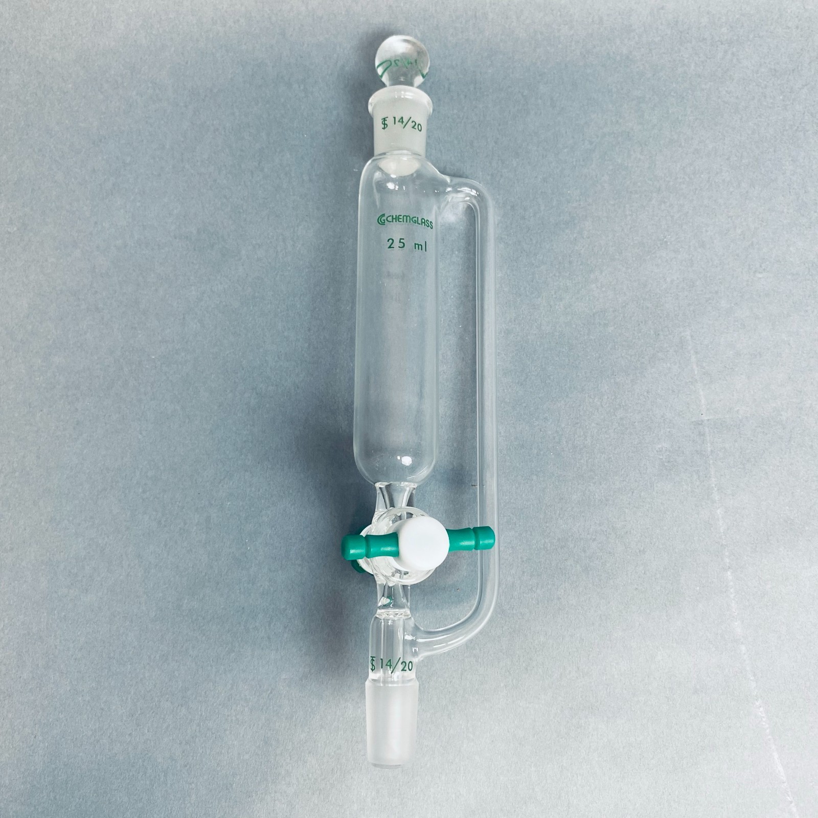 Chemglass Addition Funnel 25 ml 14/20 Joint PTFE Stopcock with Stopper