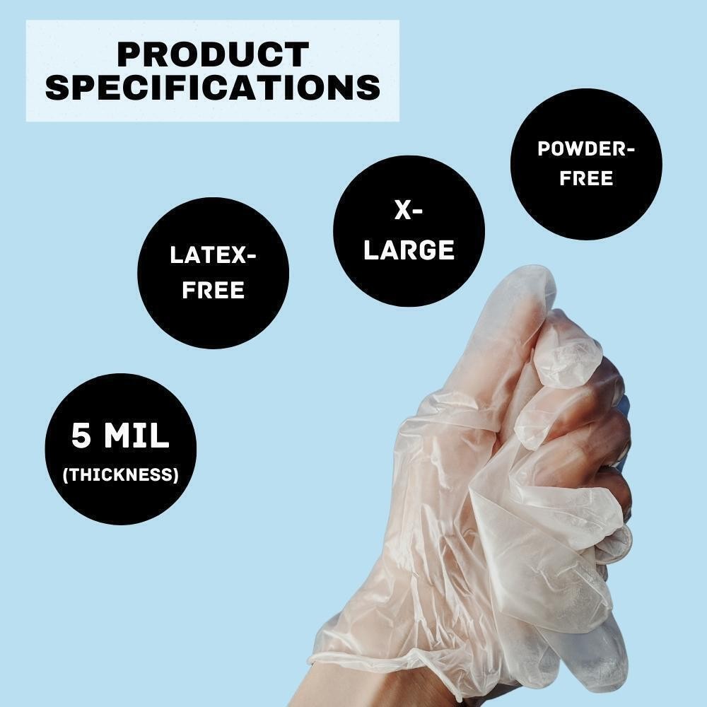 Powder-Free Medical Exam Vinyl Disposable Gloves – Clear, 5 MIL X-Large 1000 Pcs