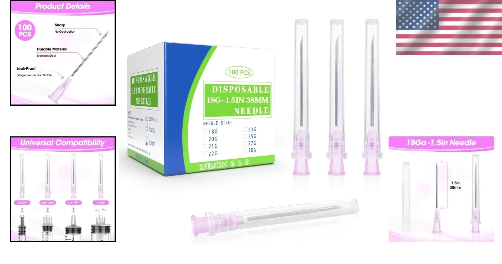 18 Gauge 1.5 Inch Disposable Needles with Caps for Scientific and Lab Dispensing