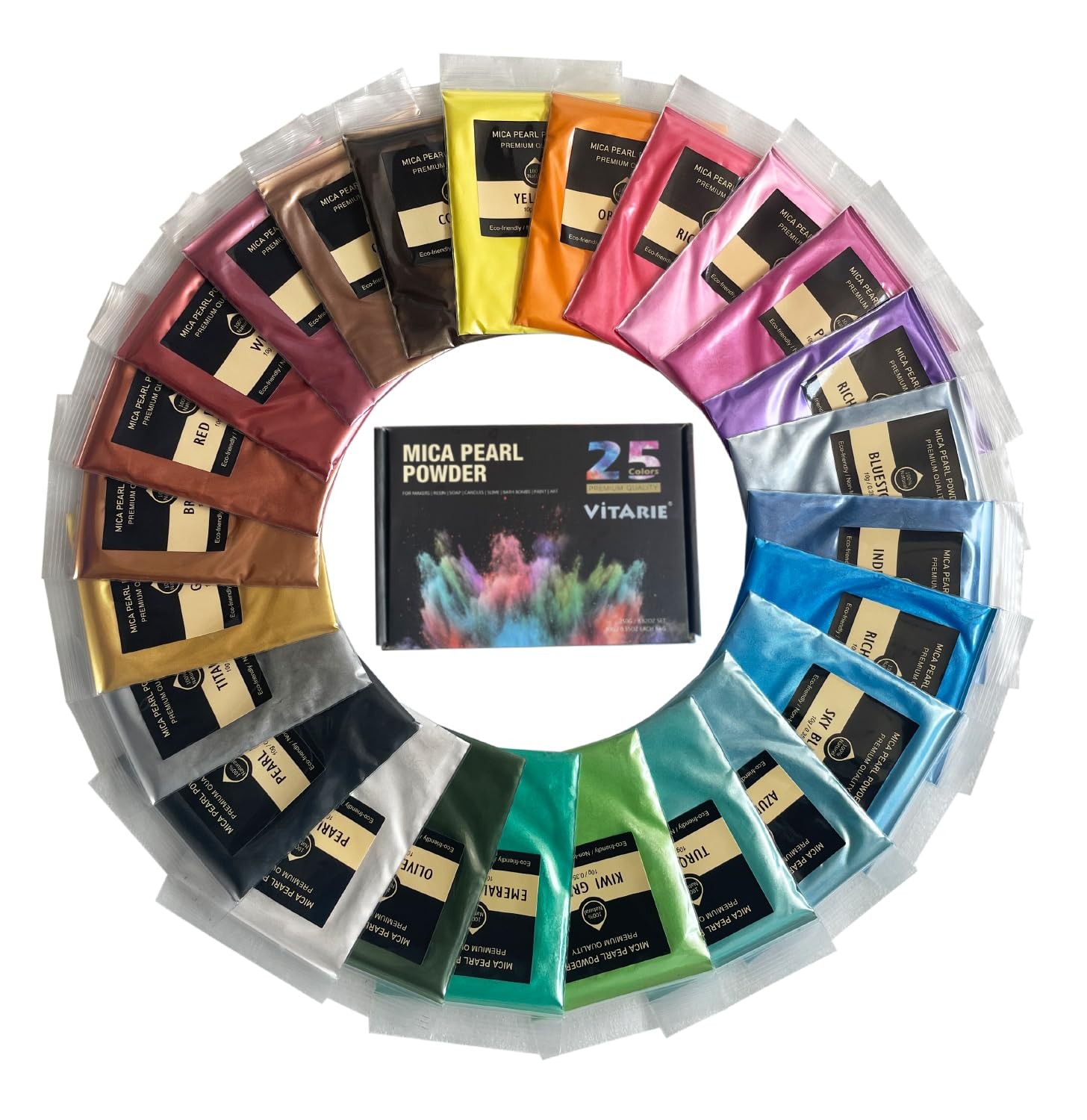 VITARIE Mica Powder of Natural, 25 Colors -0.35 oz(10g)/Bag, 25 colors x 10g