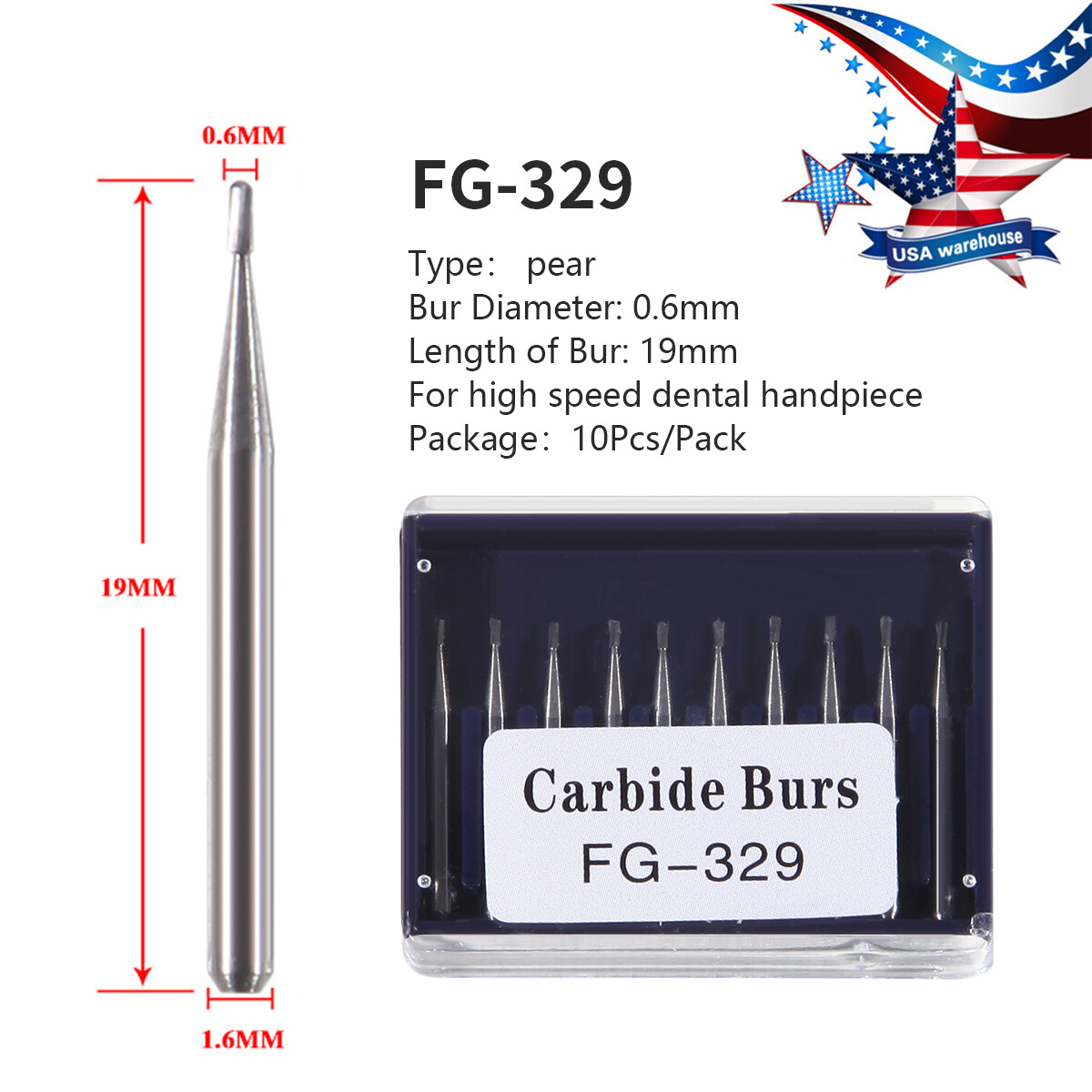 1-10*Dental Carbide Burs Pear-Shaped Type for High Speed Tungsten Steel FG#329