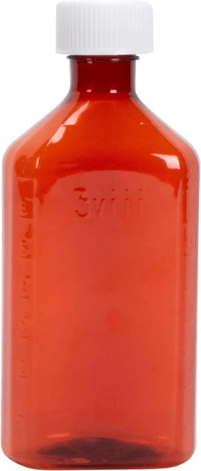 Amber Graduated Oval Liquid Medicine Bottles Plastic CR Caps Multiple Sizes
