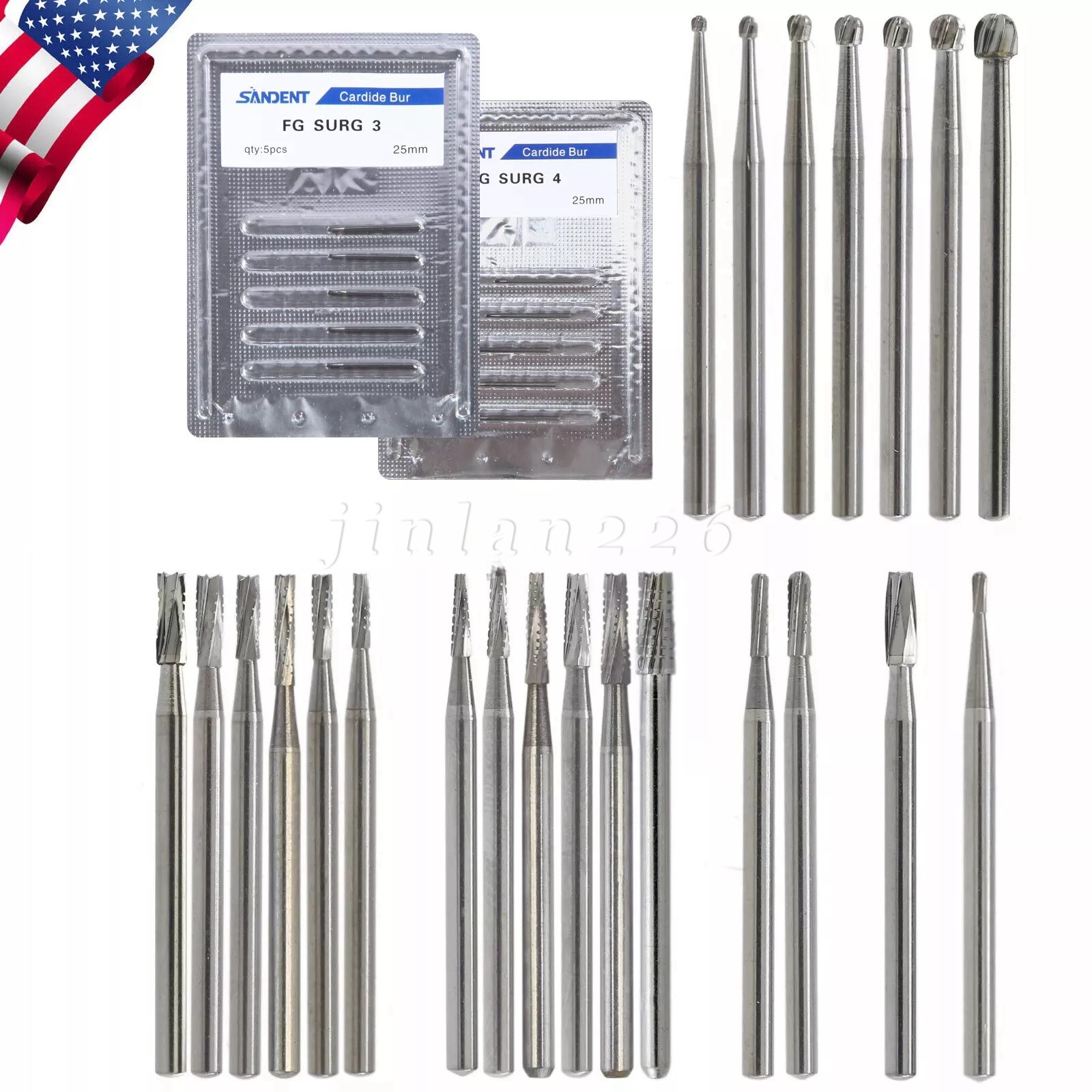 FGOS FGXL Dental Surgical Carbide Burs 25mm Cross Cut Flat End Taper Fissure