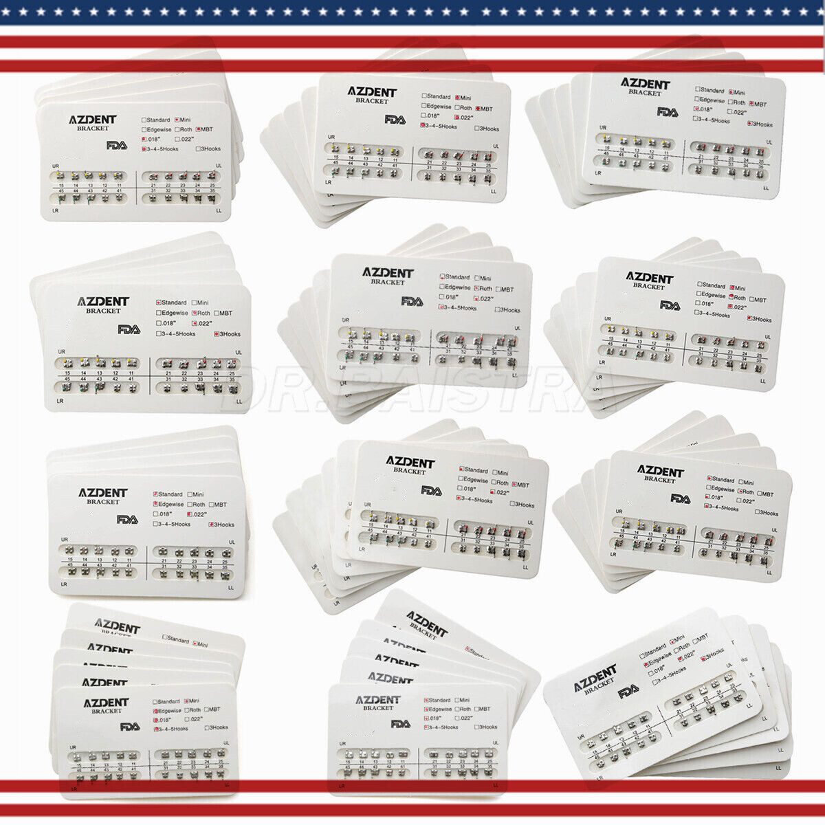 US Dental Orthodontic Bracket Brace Mini /Standard Roth/MBT.022/.018 Hook AZDENT