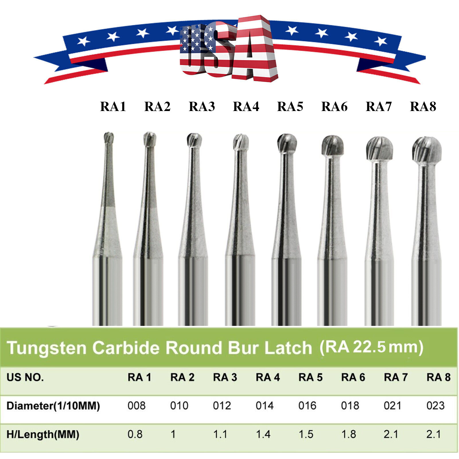 5 Pcs/Pack Dental RA Round Carbide Bur For Slow Speed Latch Type RA 1#-8# OR