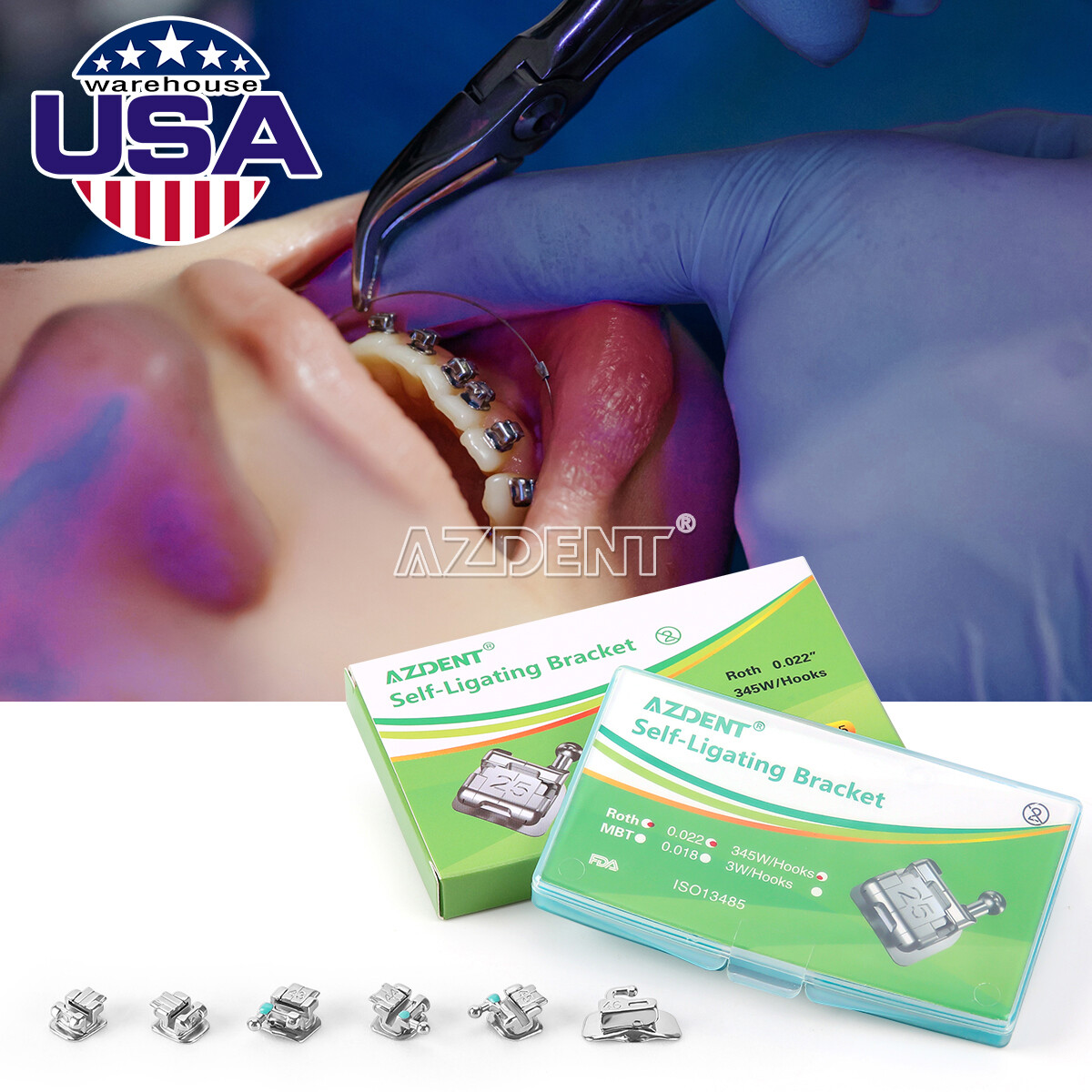 AZDENT Orthodontic Dental Self-ligating Bracket Braces Mini Roth 0.022 Hooks 345
