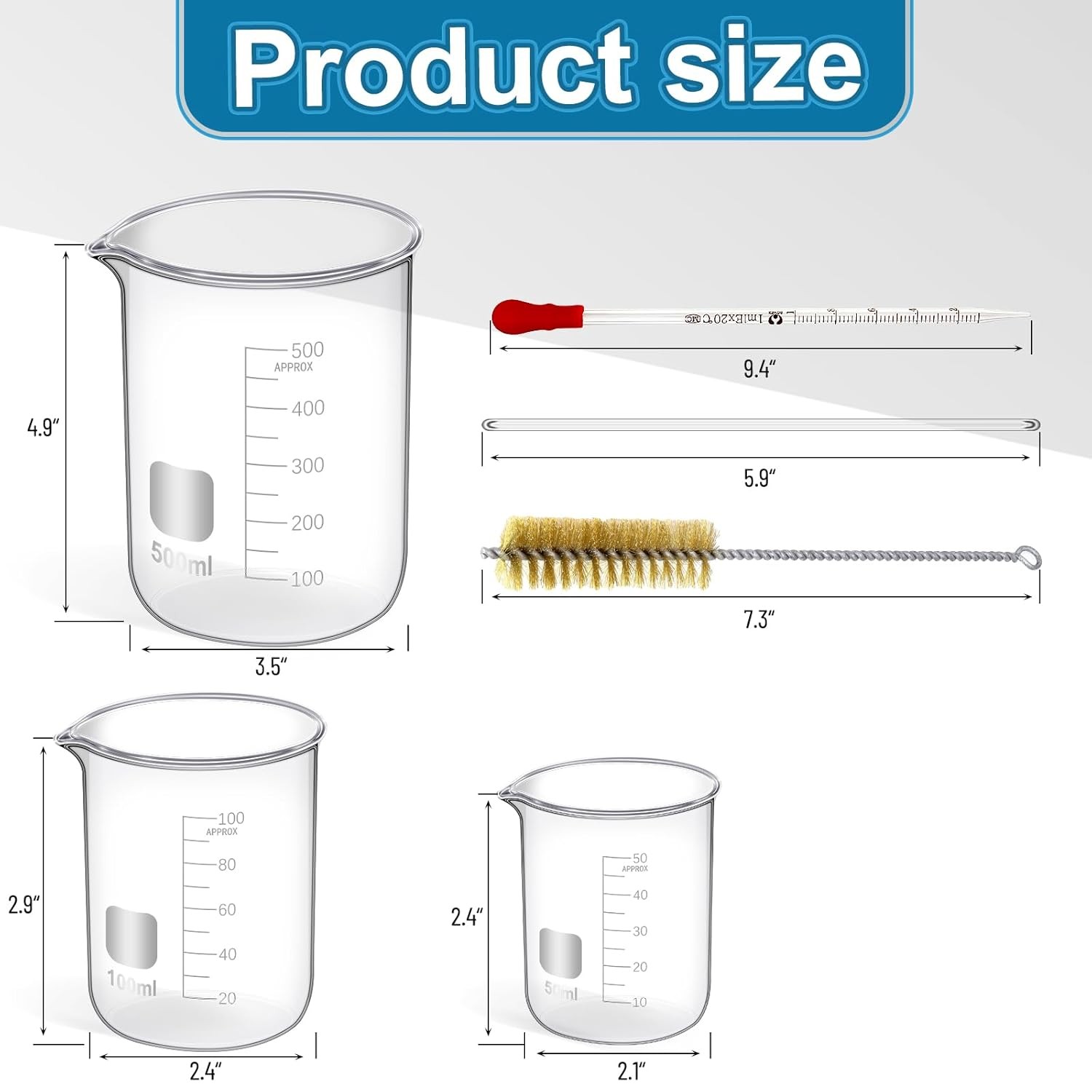 14 Pcs Measuring Beaker Set Lab Flask Glass Graduated Cylinder with Stirring Rod