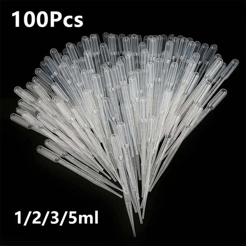 100pcs Disposable Plastic Pipettes: 1/2/3/5ml Graduated Transfer Droppers – NEW