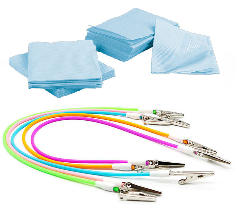 Dental Bibs 50 Blue + 5 Bib Clips Kit Disposable Waterproof Patient Protection