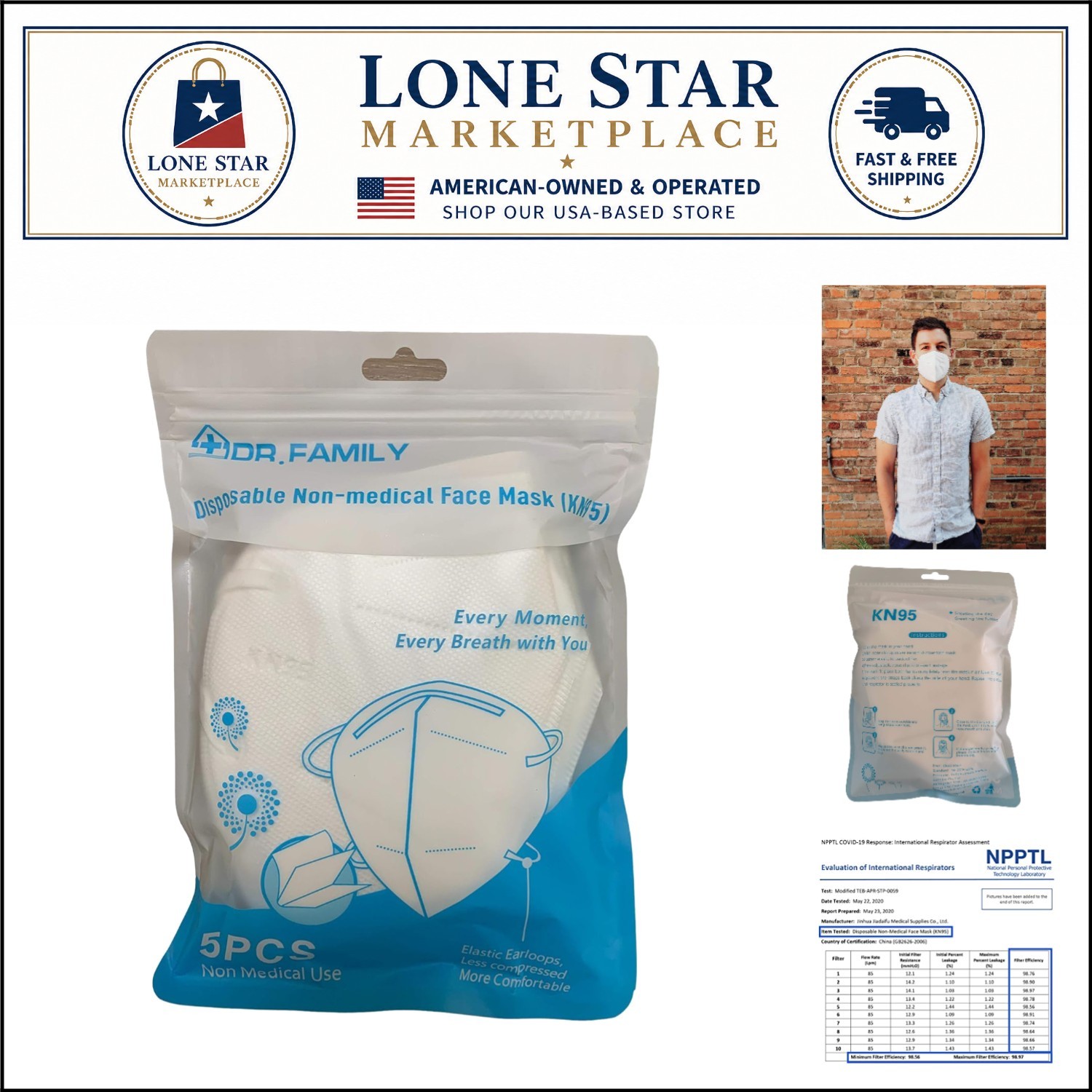 KN95 Disposable Masks – 5 Pack, Breathable and Comfortable with 95% Filtration
