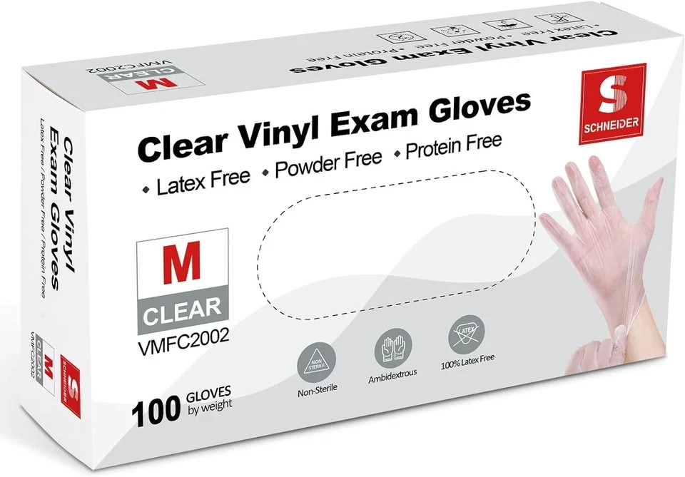 Schneider Clear Vinyl Exam Gloves, Latex-Free, Disposable Medical Gloves, Cleani