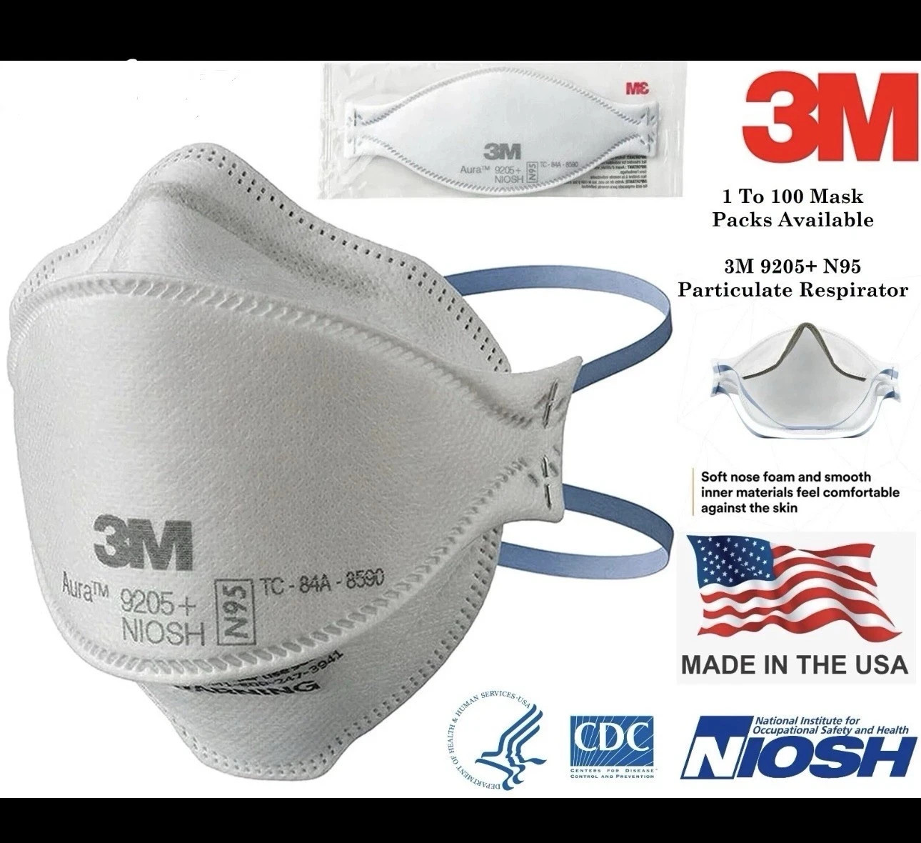 20x 3M Aura 9205+ N95 NIOSH Approved Particulate Respirator Face Mask (20 Pack)