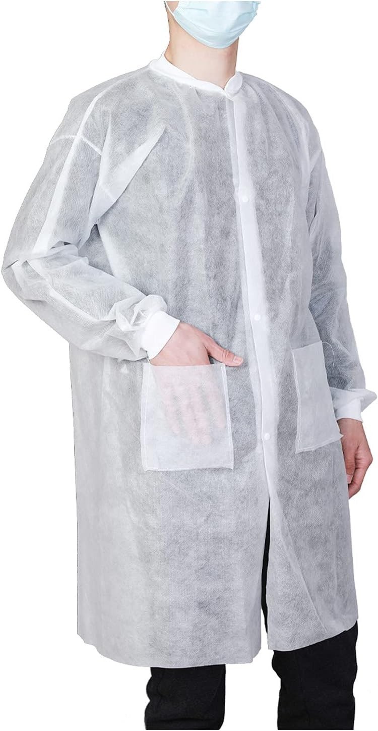 10-Pack Disposable Lab Coats for Adults, Knee Length with 2 Pockets, Knitted …
