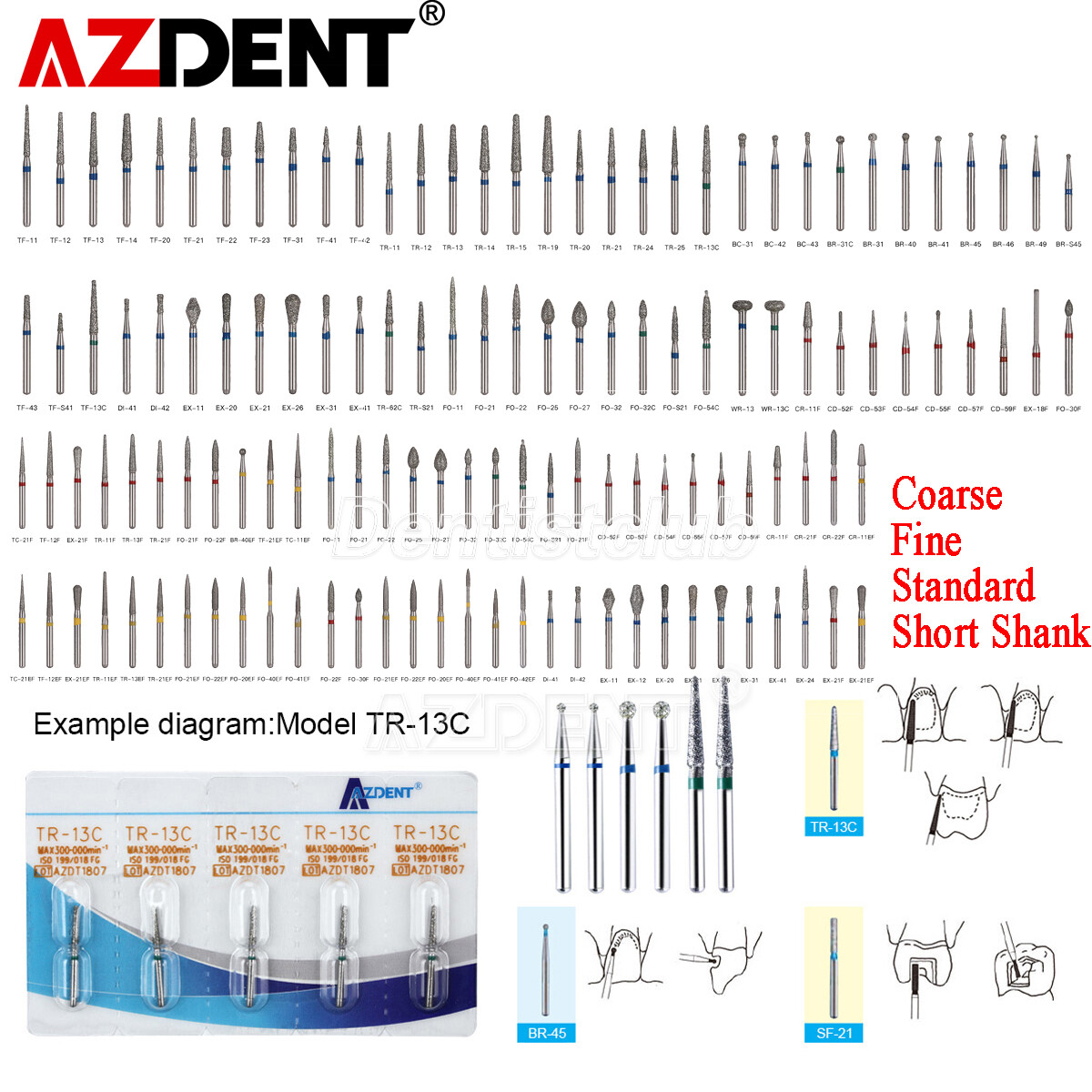 AZDENT Dental FG Diamond Burs Coarse/Fine/Short Shank for High Speed Handpiece