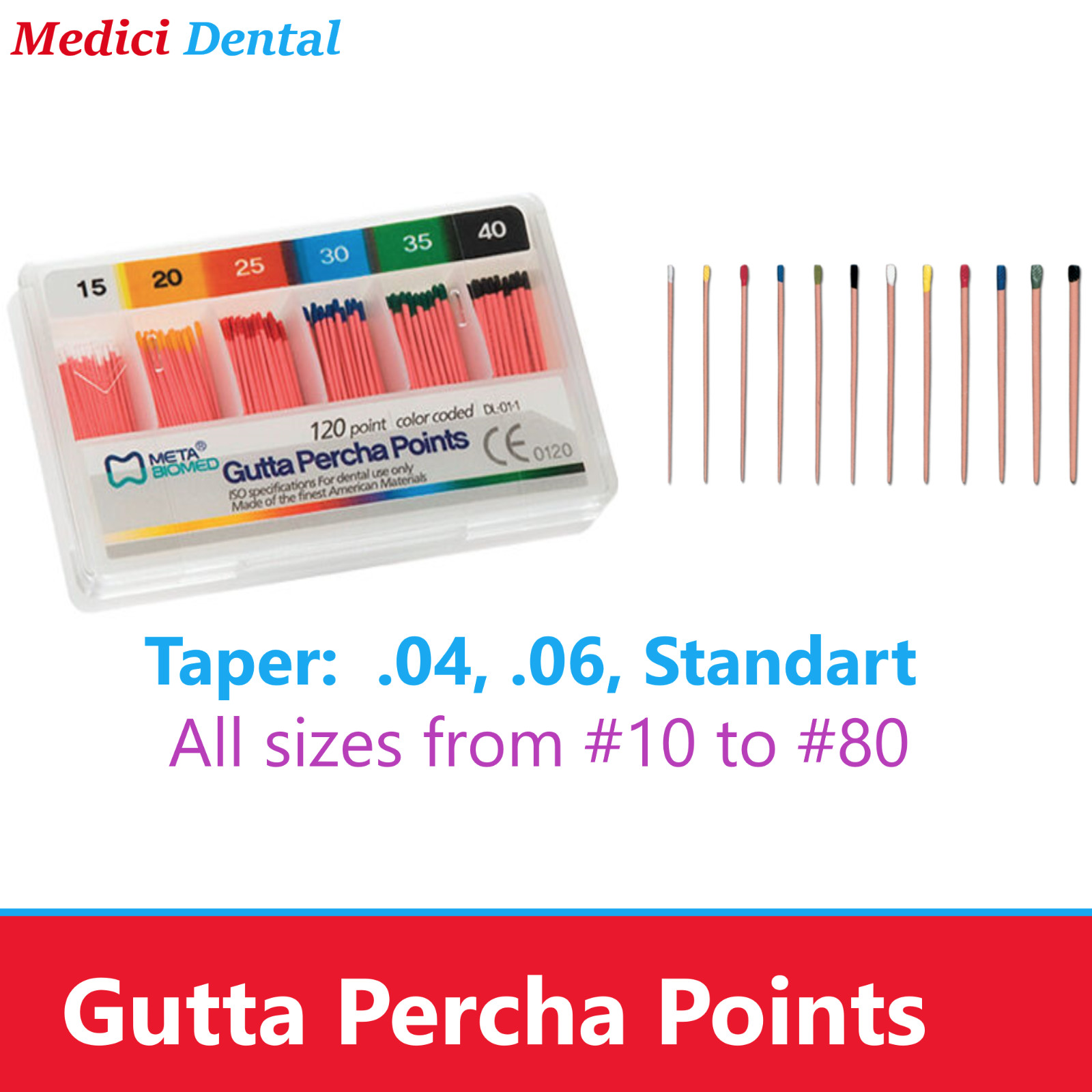 Gutta Percha Points Taper 0.4 / 0.6 /Standart, All Sizes Dental Endo Meta Biomed