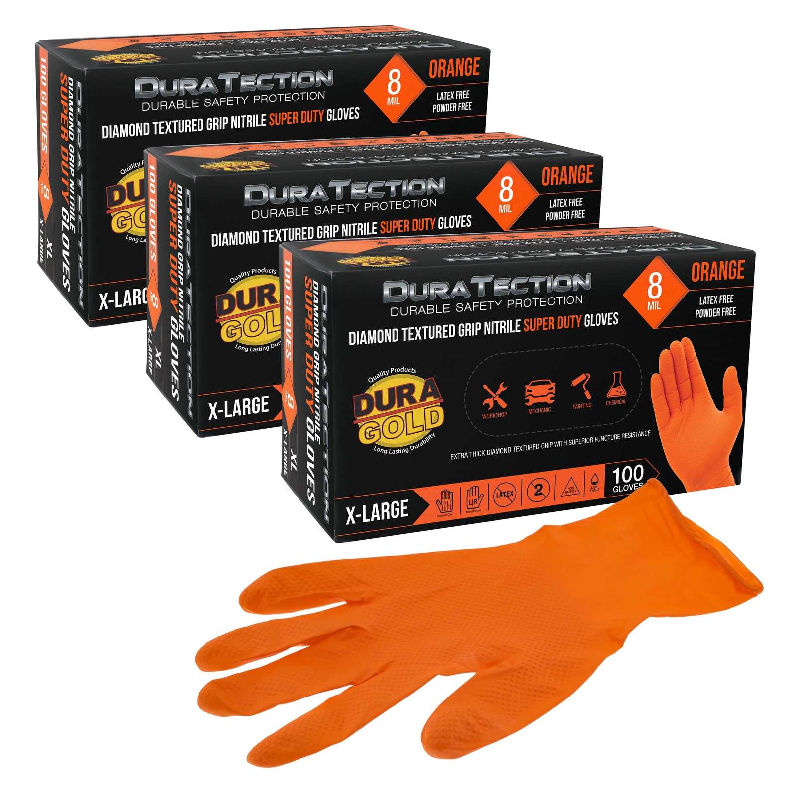 Duratection 8Mil Super Duty Diamond Textured Nitrile Gloves, 300 Gloves, X-Large