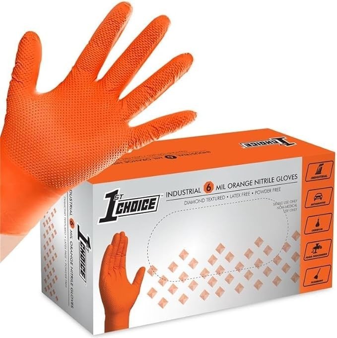 1st Choice 6 mil Orange and Green Gloves, Disposable, Latex Free Raised Diamond