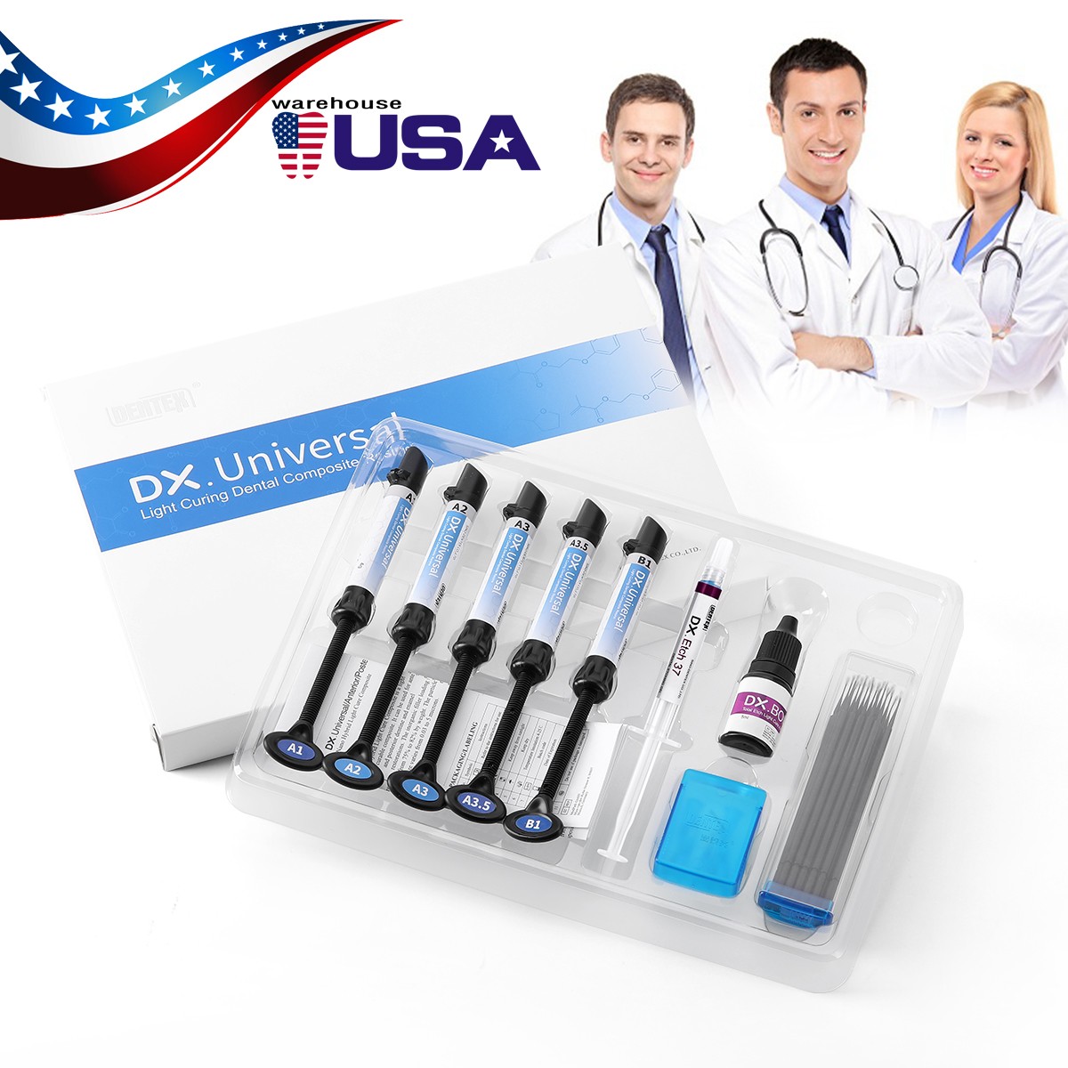 Dental Light Cure omposite Kit 5 Colors A1-A3.5 with Ethant & Bonding Agent