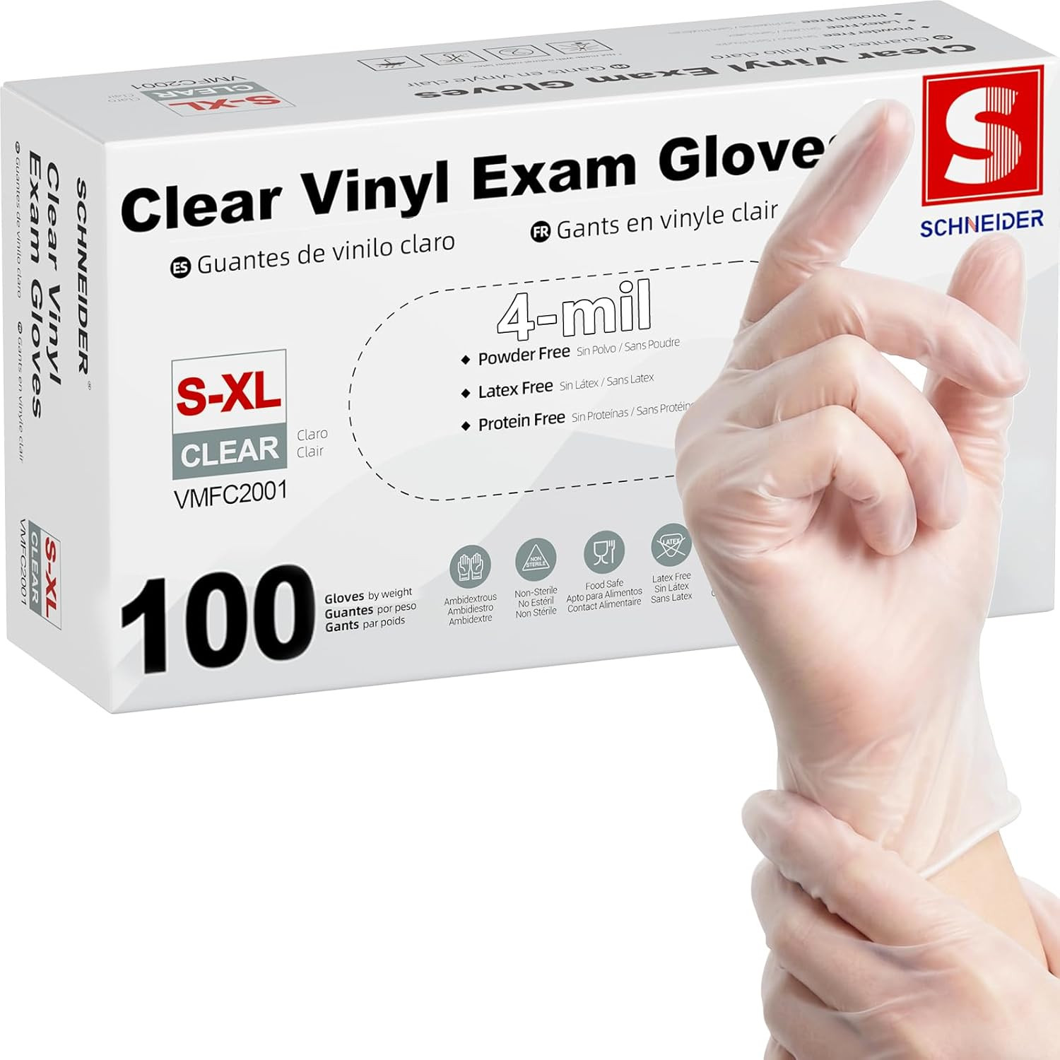 Schneider Clear Vinyl Exam Gloves, Latex-Free, Disposable Medical Gloves, Cleani