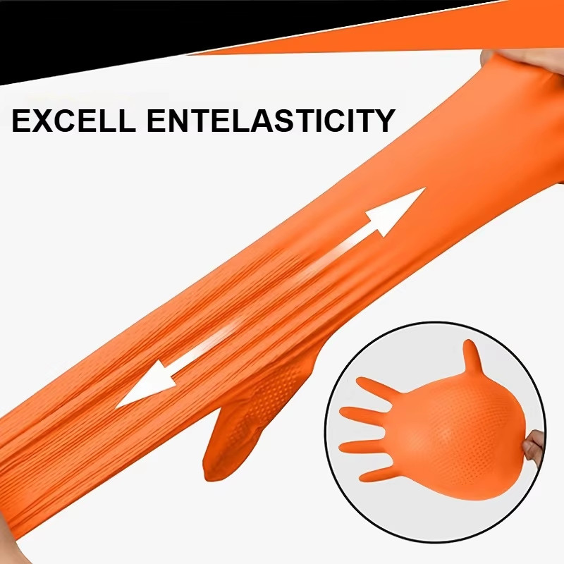 8 Mil Heavy Duty Industrial Orange Disposable Nitrile Gloves Diamond Textured Te