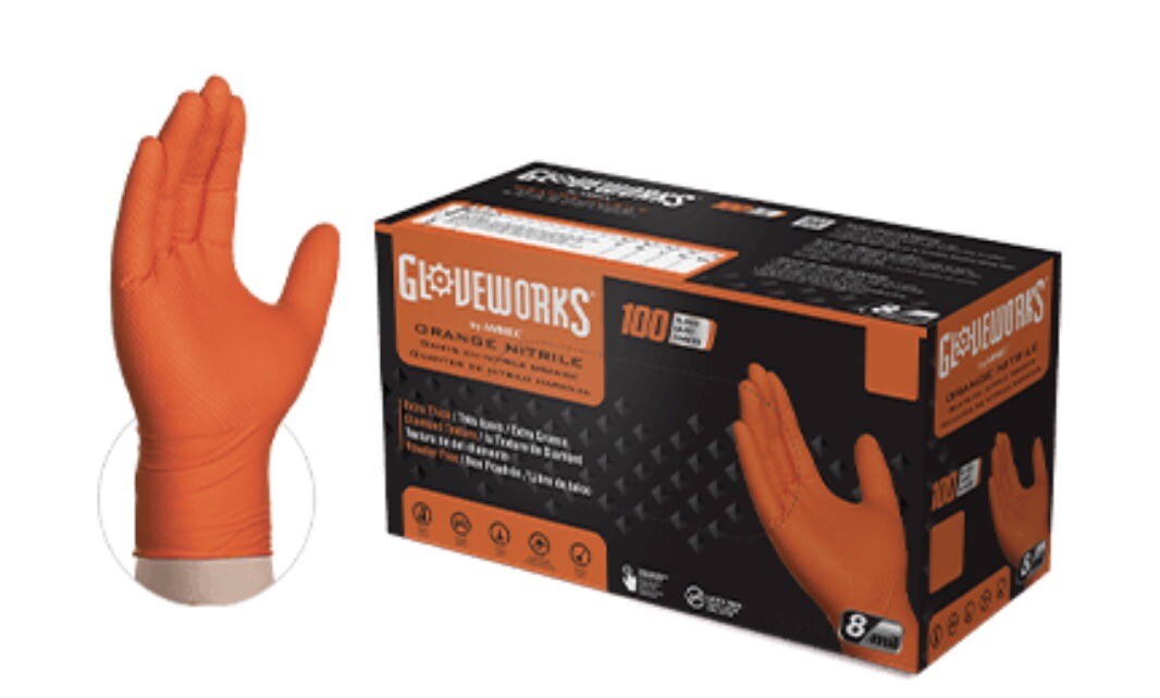 GLOVEWORKS HD Orange Nitrile Gloves 8 Mil Raised Diamond Texture – Case Of 1000