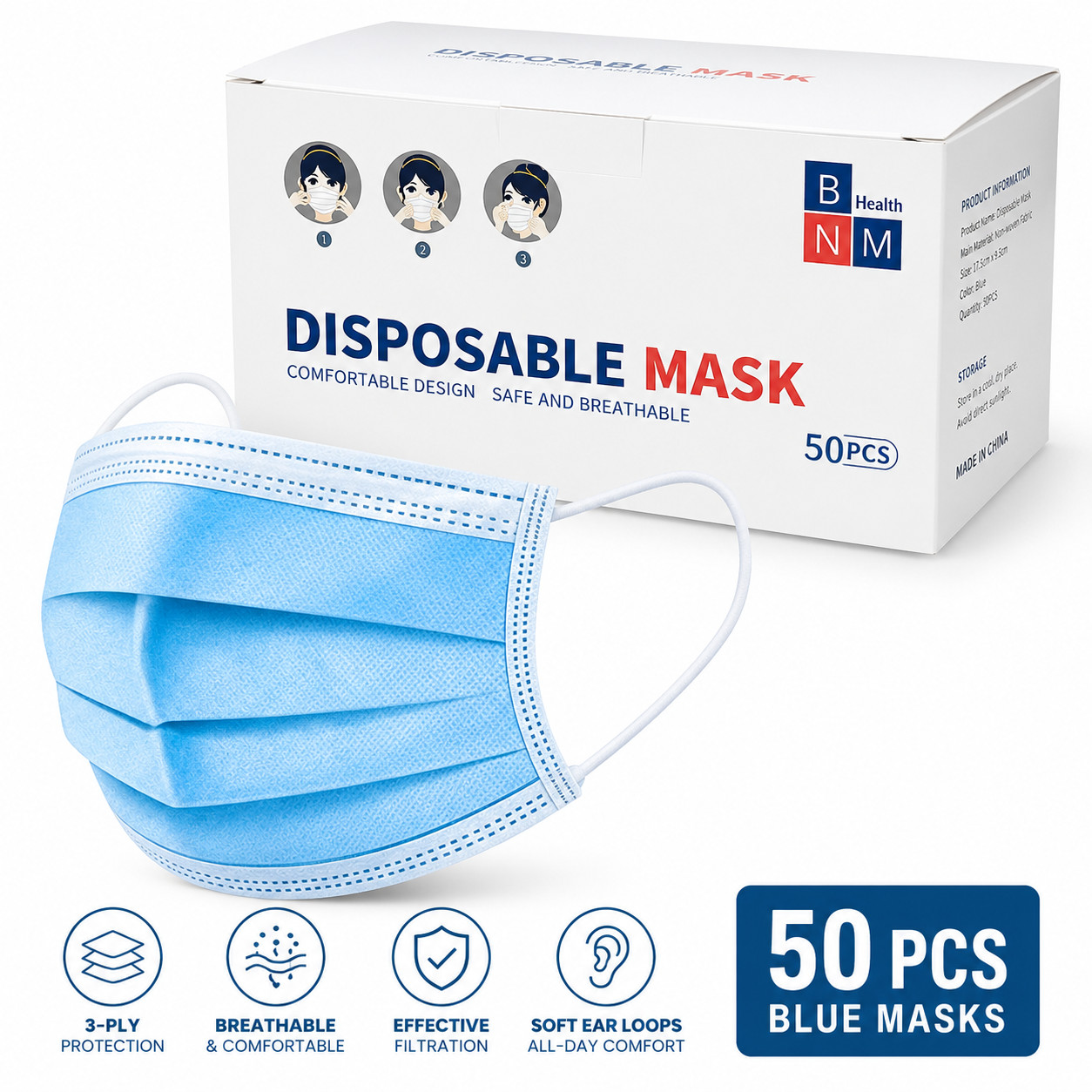 Blue 50 Pcs Disposable Face Masks 3-Ply Non Medical Surgical Earloop Adult FAST