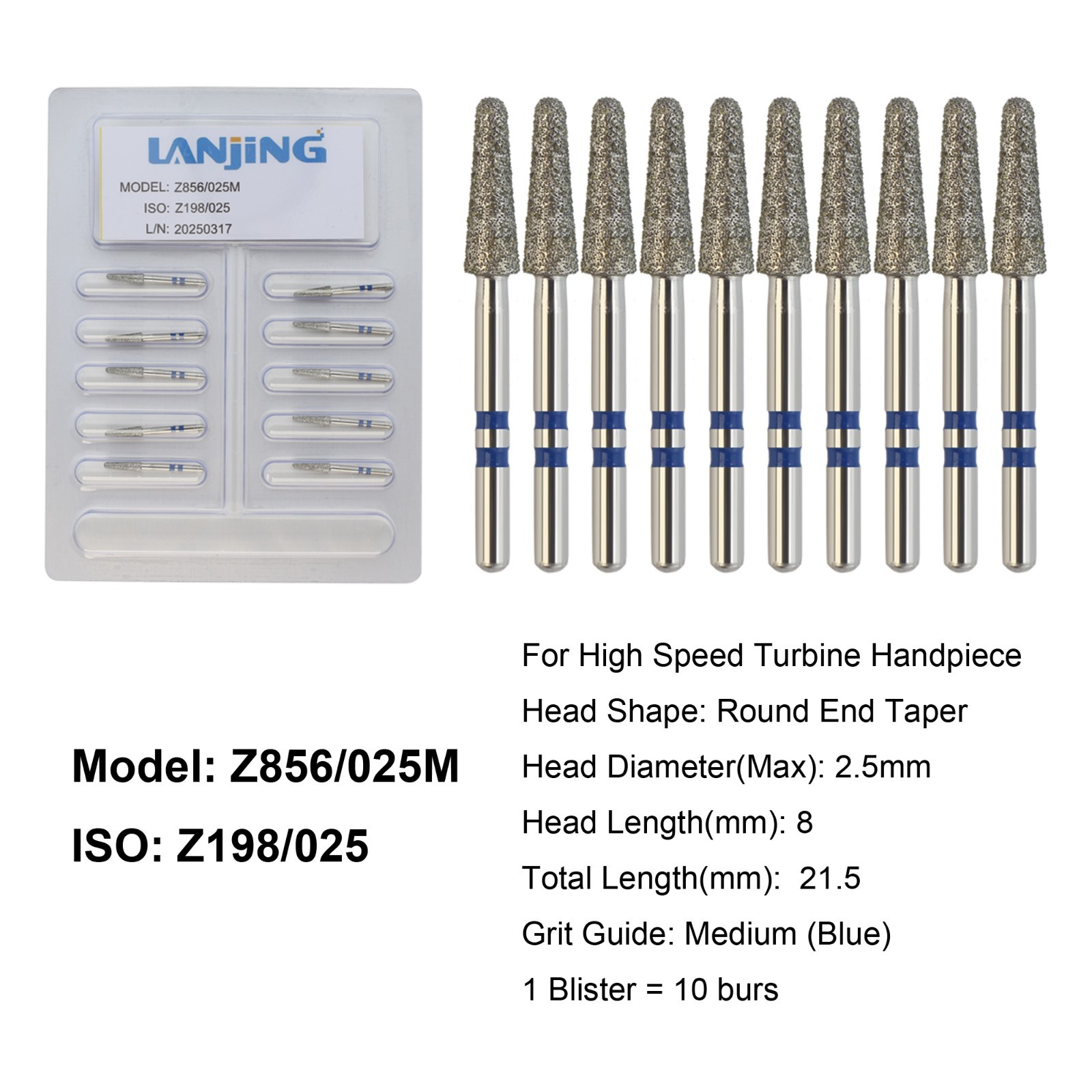 Dental Zirconia Diamond Burs FG Round End Taper Medium High Speed Z856/025M