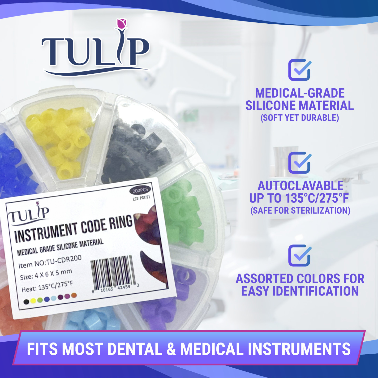 200 Dental Instrument Code Rings, Medical Grade Silicone, 4x6x5mm, Autoclavable