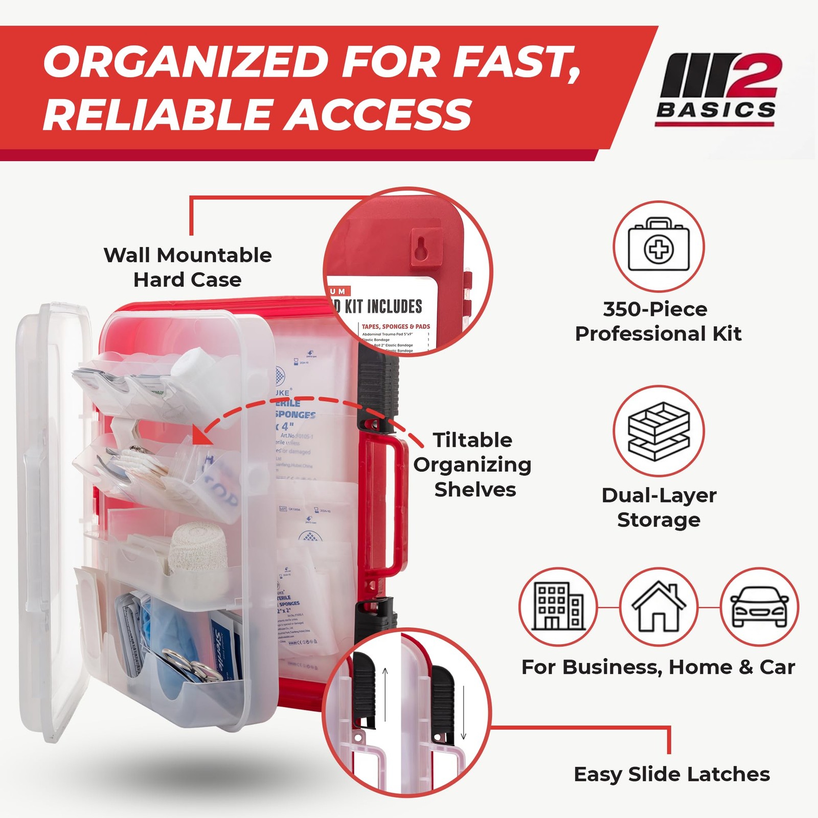 M2 BASICS 350 Piece Professional Wall-Mount First Aid Kit, 350 Set, Red