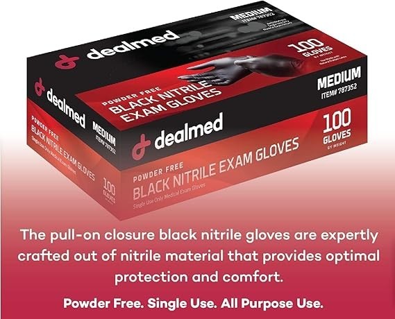 Dealmed Black Nitrile Exam Gloves Disposable Medical First Aid Multi-Purpose