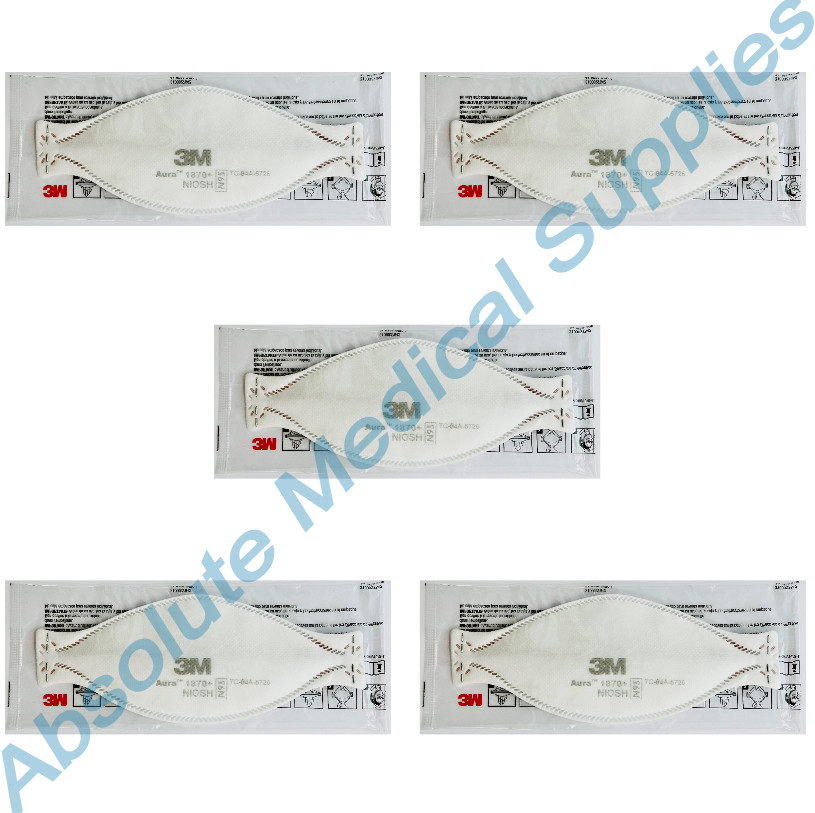 *5-Pack* 3M Aura NIOSH N95 Particulate Respirator Face Mask White 1870+