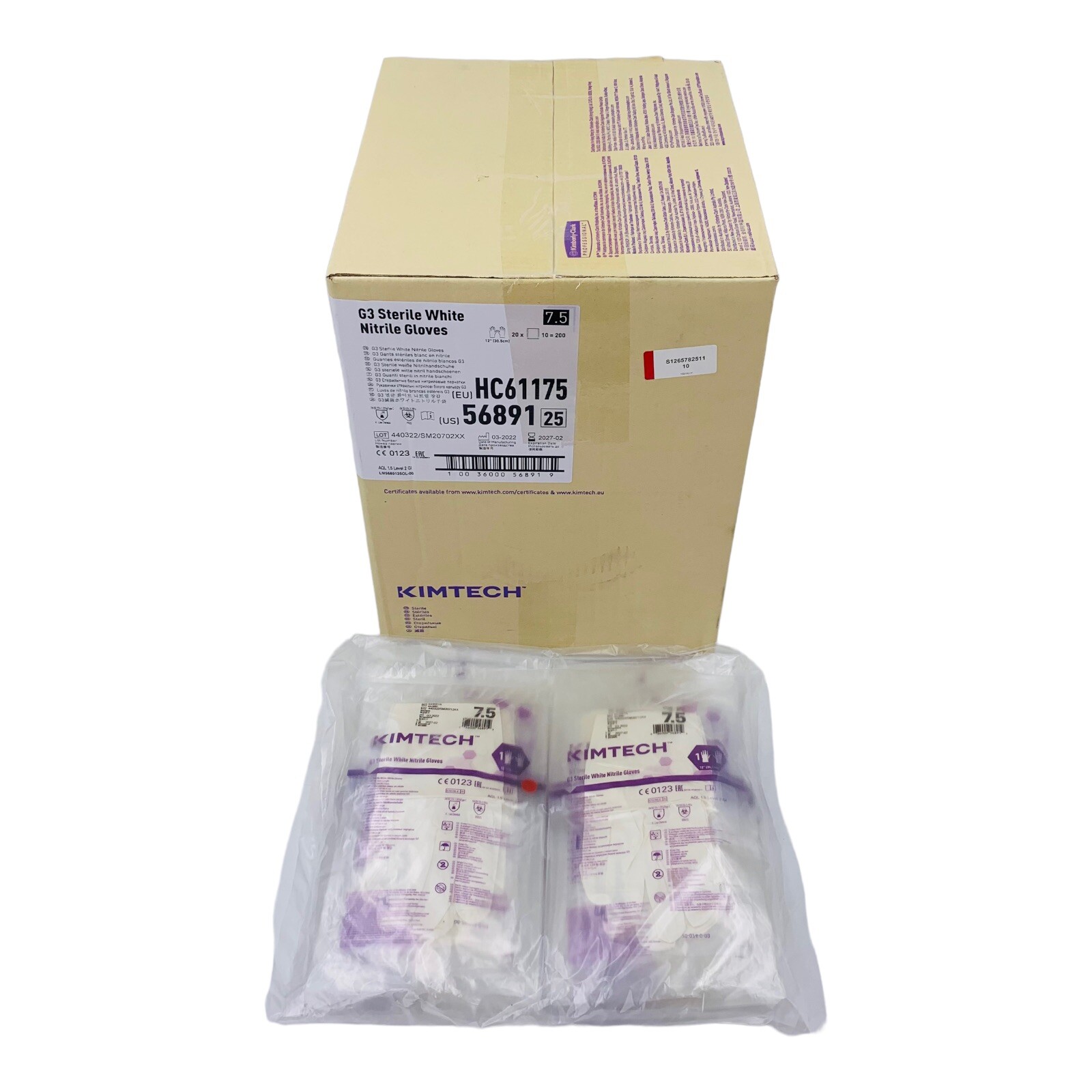200 Pair Nitrile Gloves White Sterile Kimtech G3, 12”, 6 Mil, Size 7.5, Exp2027