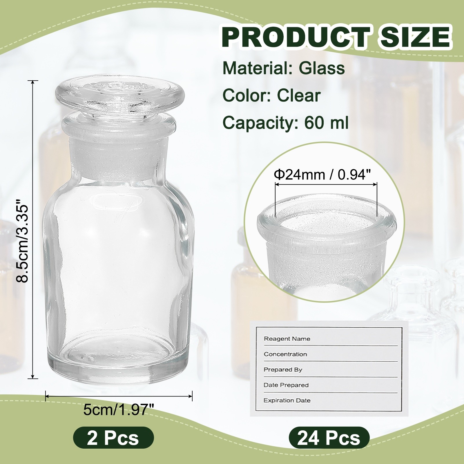 2Pack 60ml Wide Mouth Reagent Media Bottle with Stopper, Clear(2.1oz)